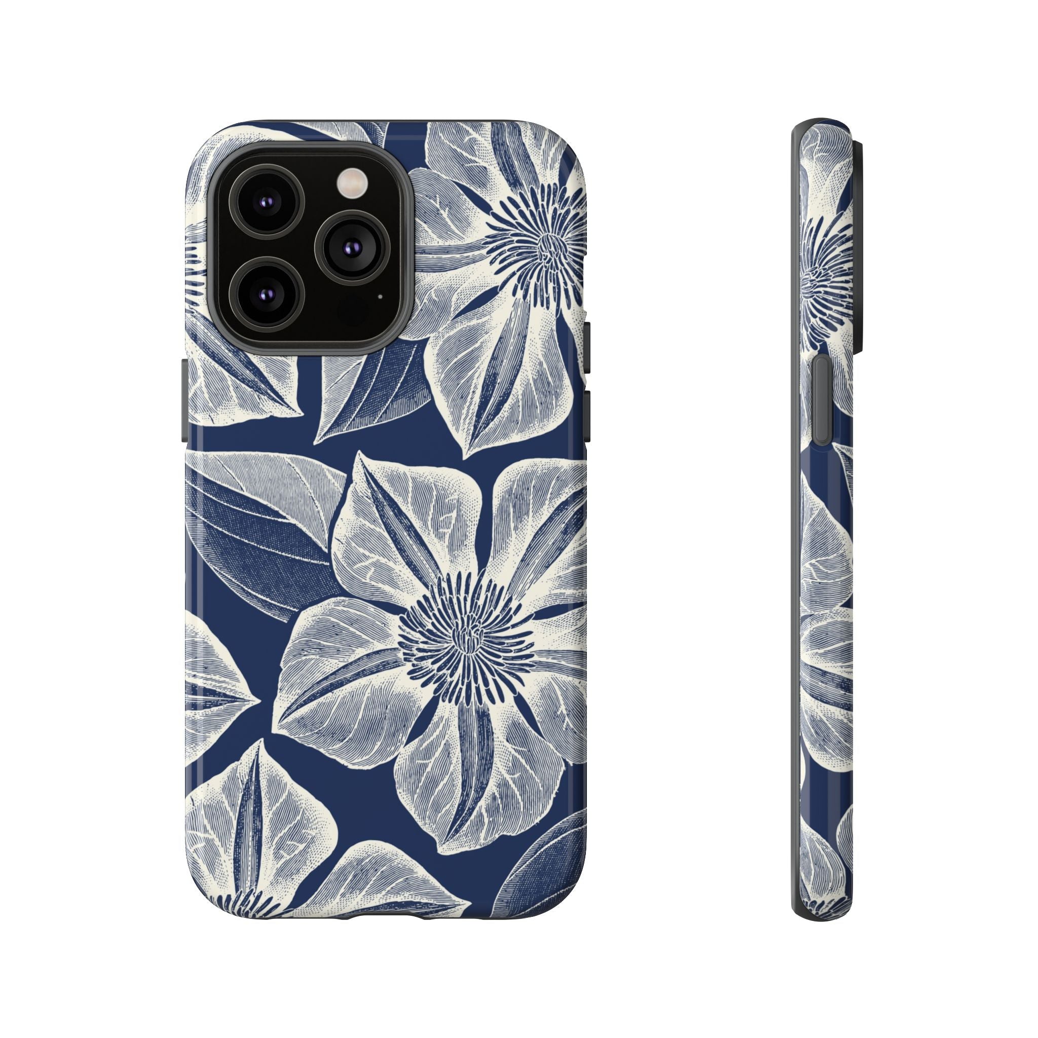 Vintage Bloom Navy iPhone 14 Pro Max case – Glossy | navy ground, large-scale cream clematis print, engraved petal detail, dual-layer protection