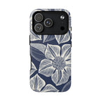 Vintage Bloom Navy MagSafe iPhone 17 Pro Case – Matte | navy ground, large-scale white clematis print, engraved petal detail, dual-layer protection