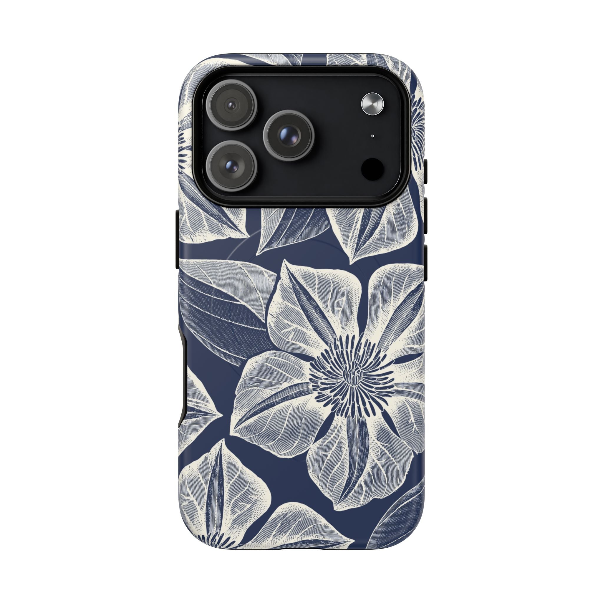 Vintage Bloom Navy MagSafe iPhone 17 Pro Case – Matte | navy ground, large-scale white clematis print, engraved petal detail, dual-layer protection