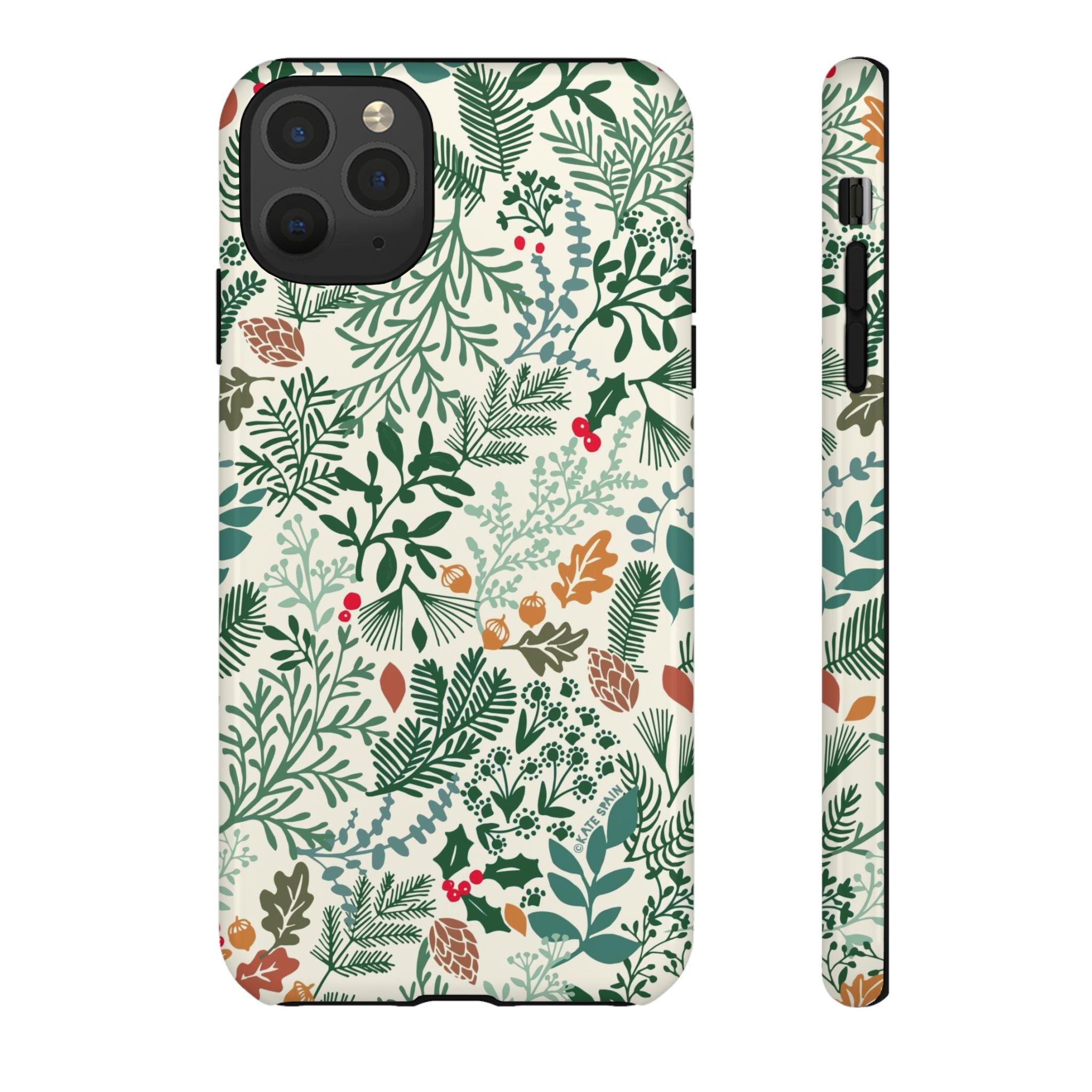 Juniper Tough iPhone 11 Pro Max Case – Glossy | cream, green, red botanical woodland print