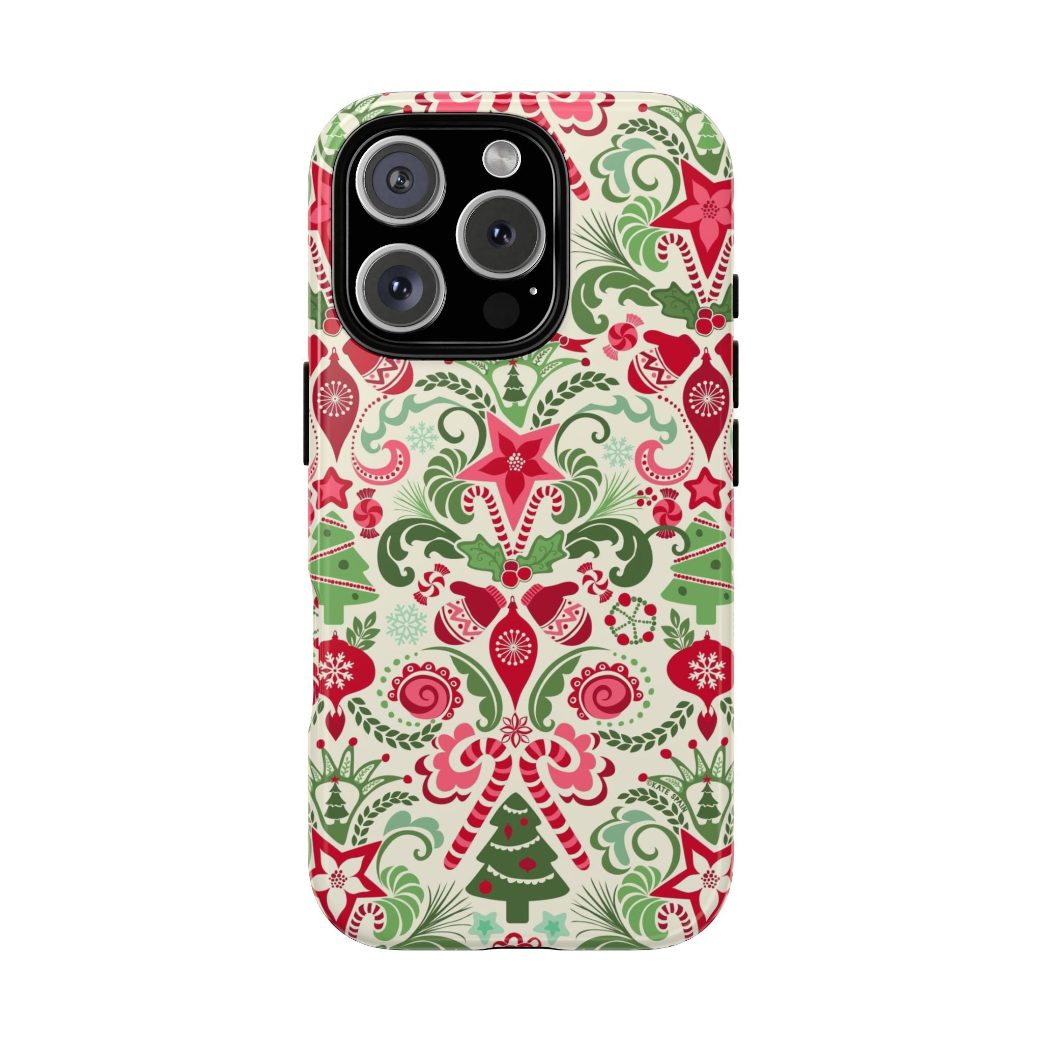 Wonderland Tough iPhone 16 Pro Max Case – Glossy | cream, red, green Christmas ornament damask print