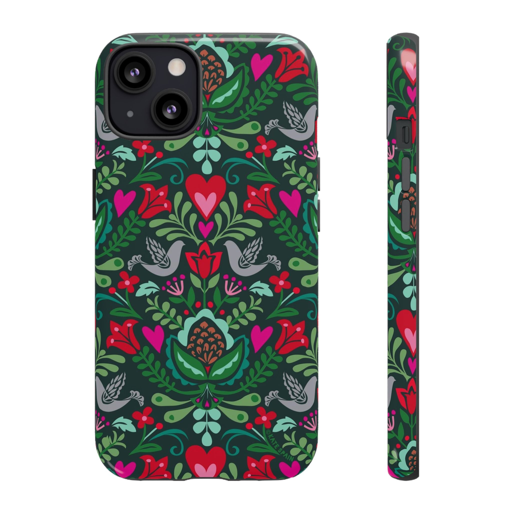 Rosemaling Tough iPhone 13 Case – Matte | dark green, red, pink, gray folk art floral bird print