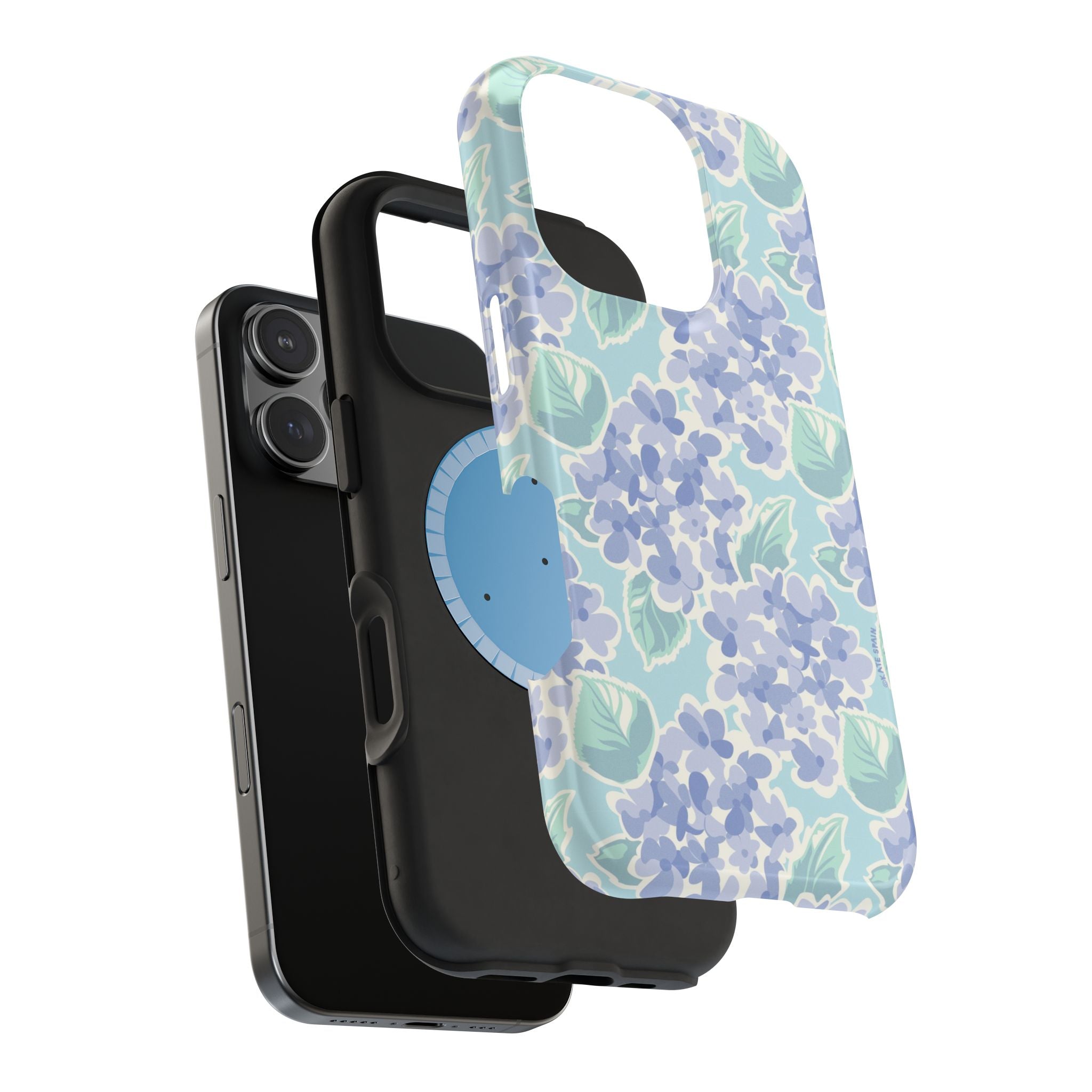 Nantucket Hydrangea MagSafe iPhone Case – lifestyle angled view of button, ports, and camera cutout