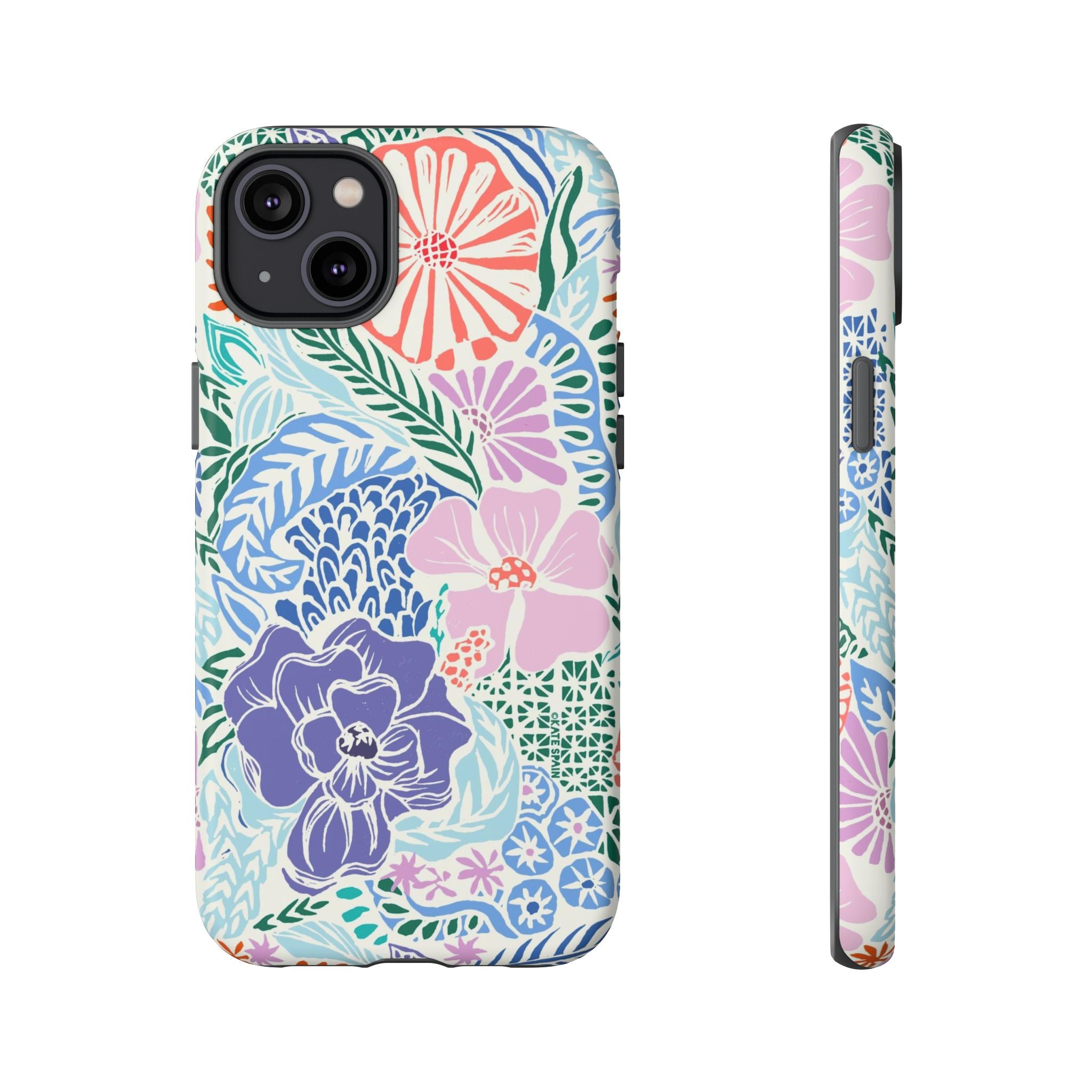 Tropica Tough iPhone 14 Plus Case – Matte | purple, coral, pink, blue botanical tropical floral print