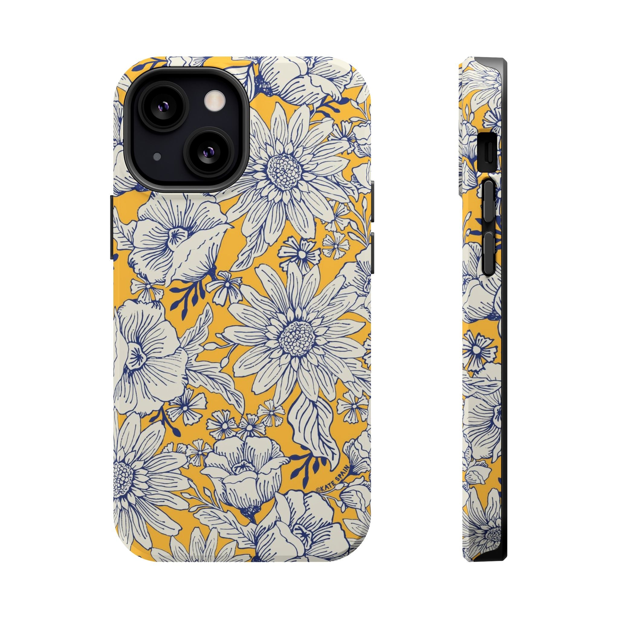 Jardin Luxury MagSafe iPhone 13 Mini Case – Glossy | yellow, cream, blue botanical floral print