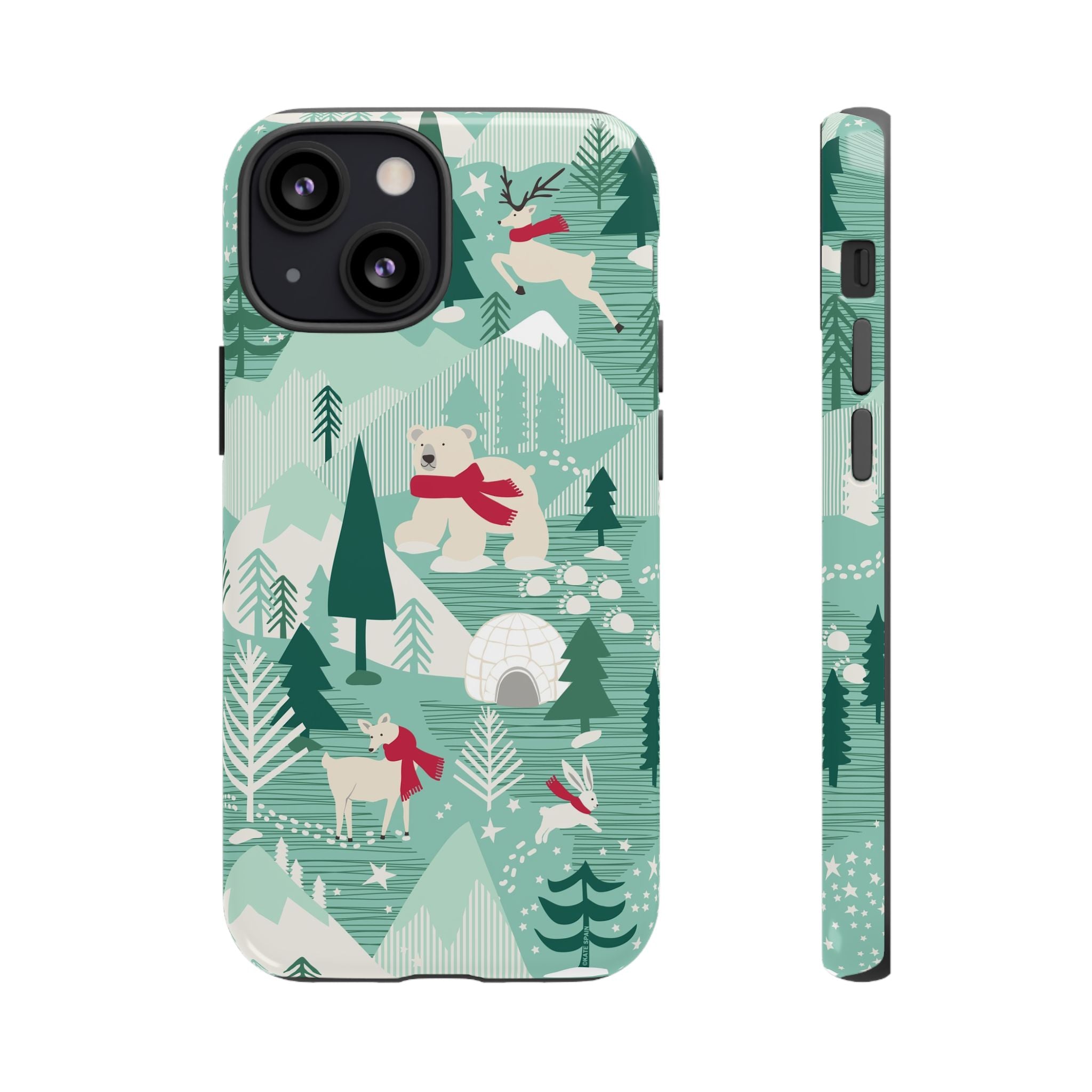 Arctica Winter Tough iPhone 13 Mini Case – Glossy | aqua, evergreen, white, animal frolic winter wonderland print