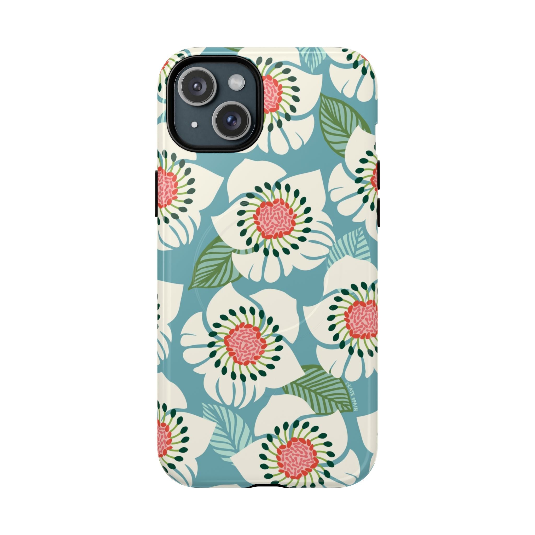 Panache MagSafe iPhone 15 Plus Case – Glossy | sky blue, pale cream, pink anemone floral print