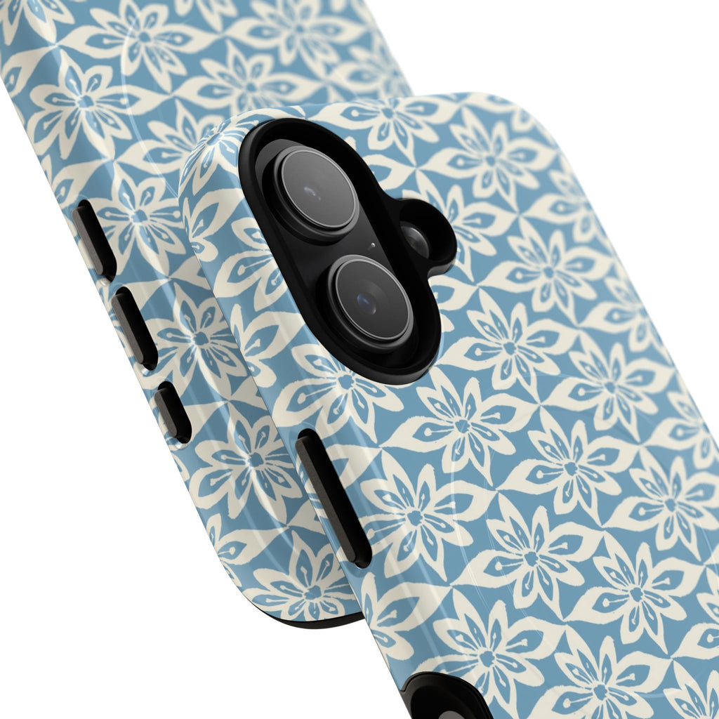 Lily Blue MagSafe iPhone 17 Case – Glossy | angled view showing camera cutout and buttons — botanical MagSafe case by Kate Spain