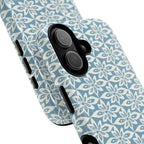 Lily Blue MagSafe iPhone 17 Case – Glossy | angled view showing camera cutout and buttons — botanical MagSafe case by Kate Spain