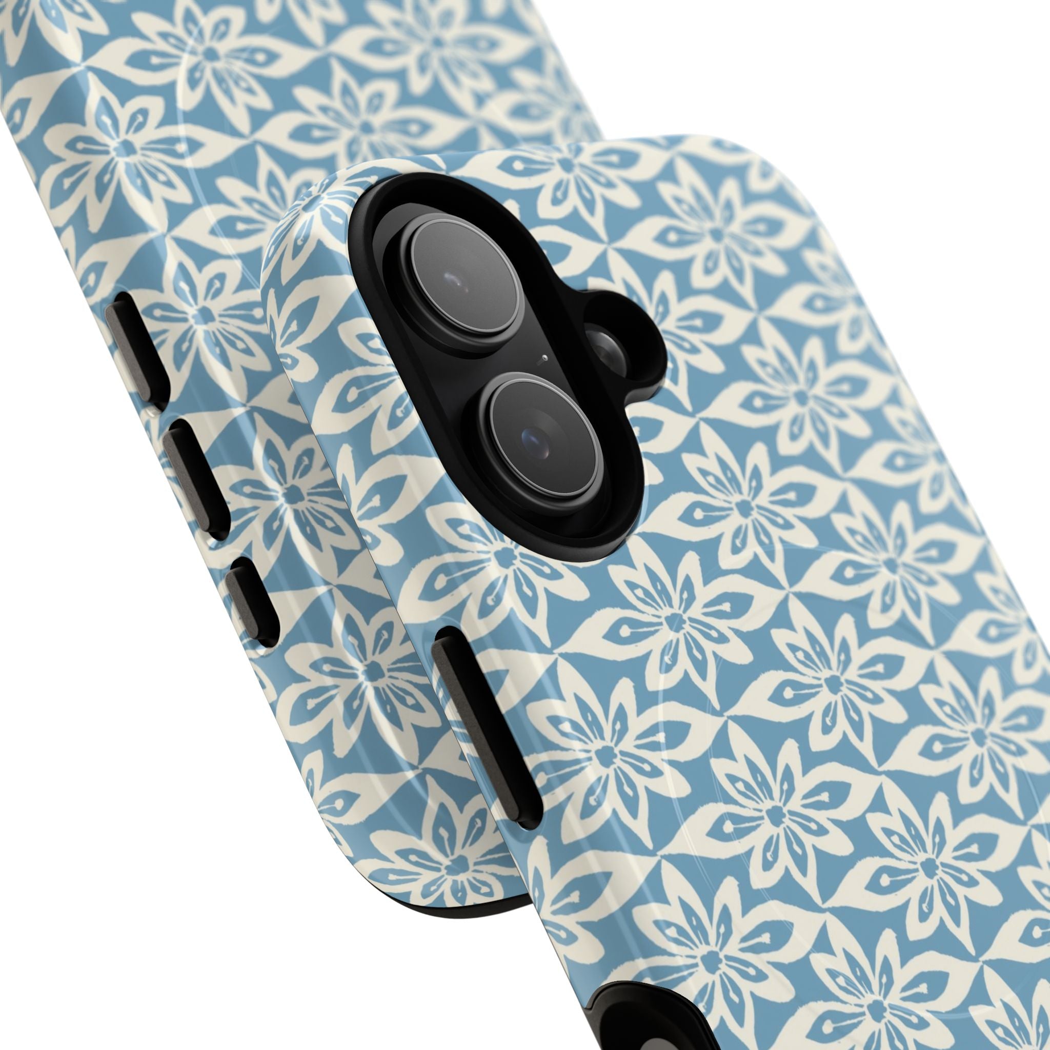 Lily Blue MagSafe iPhone 17 Case – Glossy | angled view showing camera cutout and buttons — botanical MagSafe case by Kate Spain