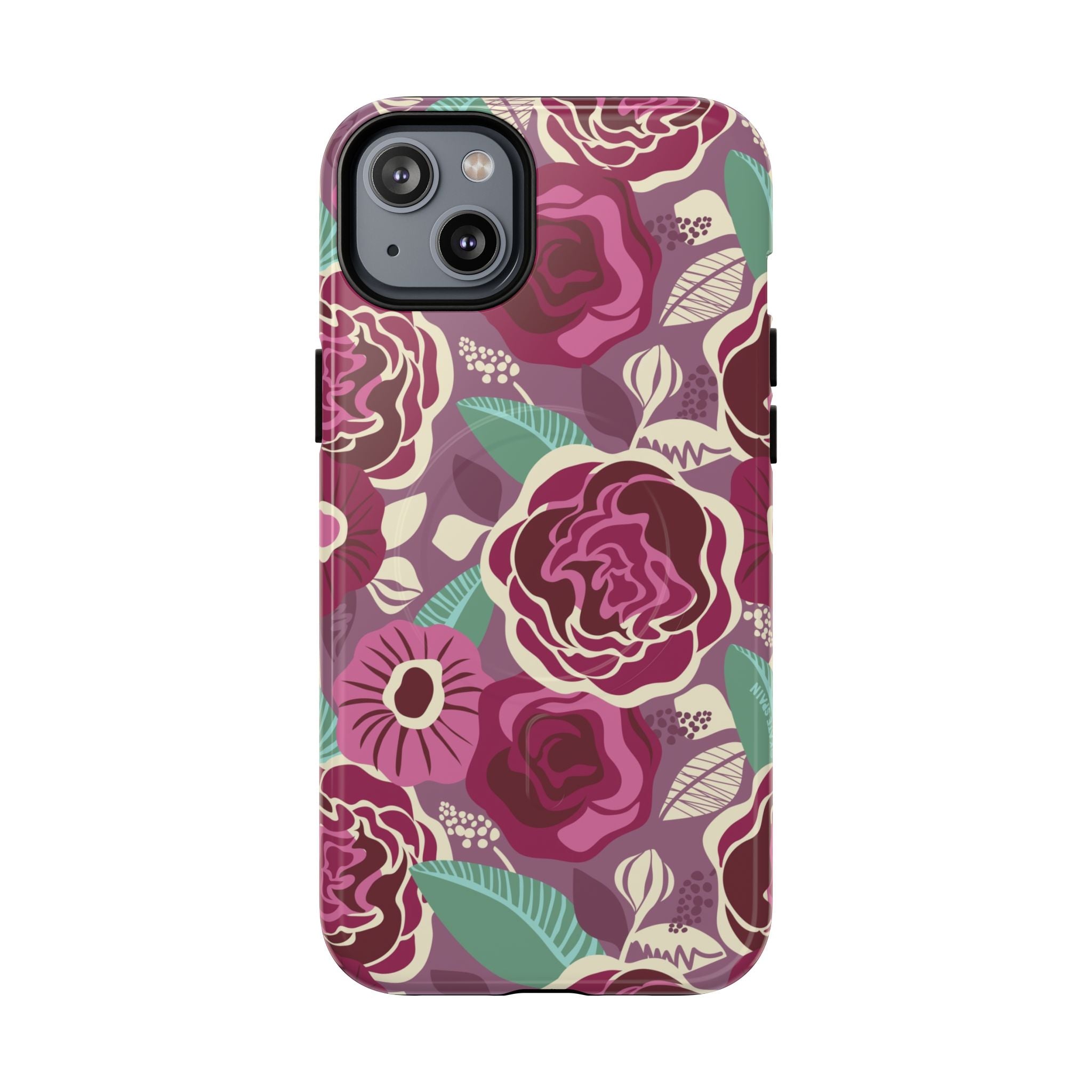 Luxury Tea Rose Burgundy MagSafe iPhone 14 Plus Case – Glossy | burgundy, magenta, plum botanical rose floral print