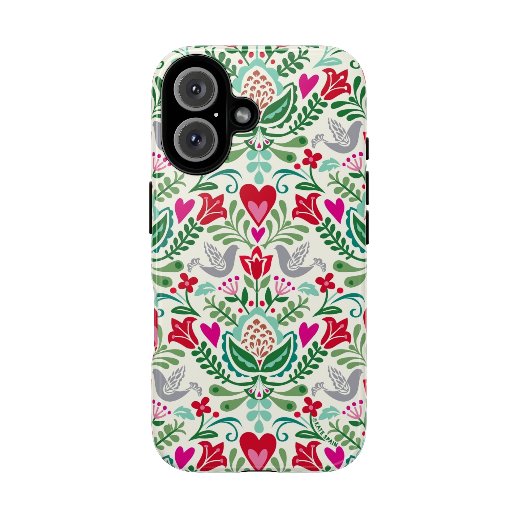 Rosemaling Tough iPhone 16 Case – Glossy | cream, red, pink, green, gray folk art floral bird print