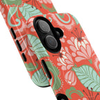 Sarabande MagSafe iPhone 17 Case – Glossy | coral, pink, cream, green botanical floral print | angled view closeup of camera cutout and buttons