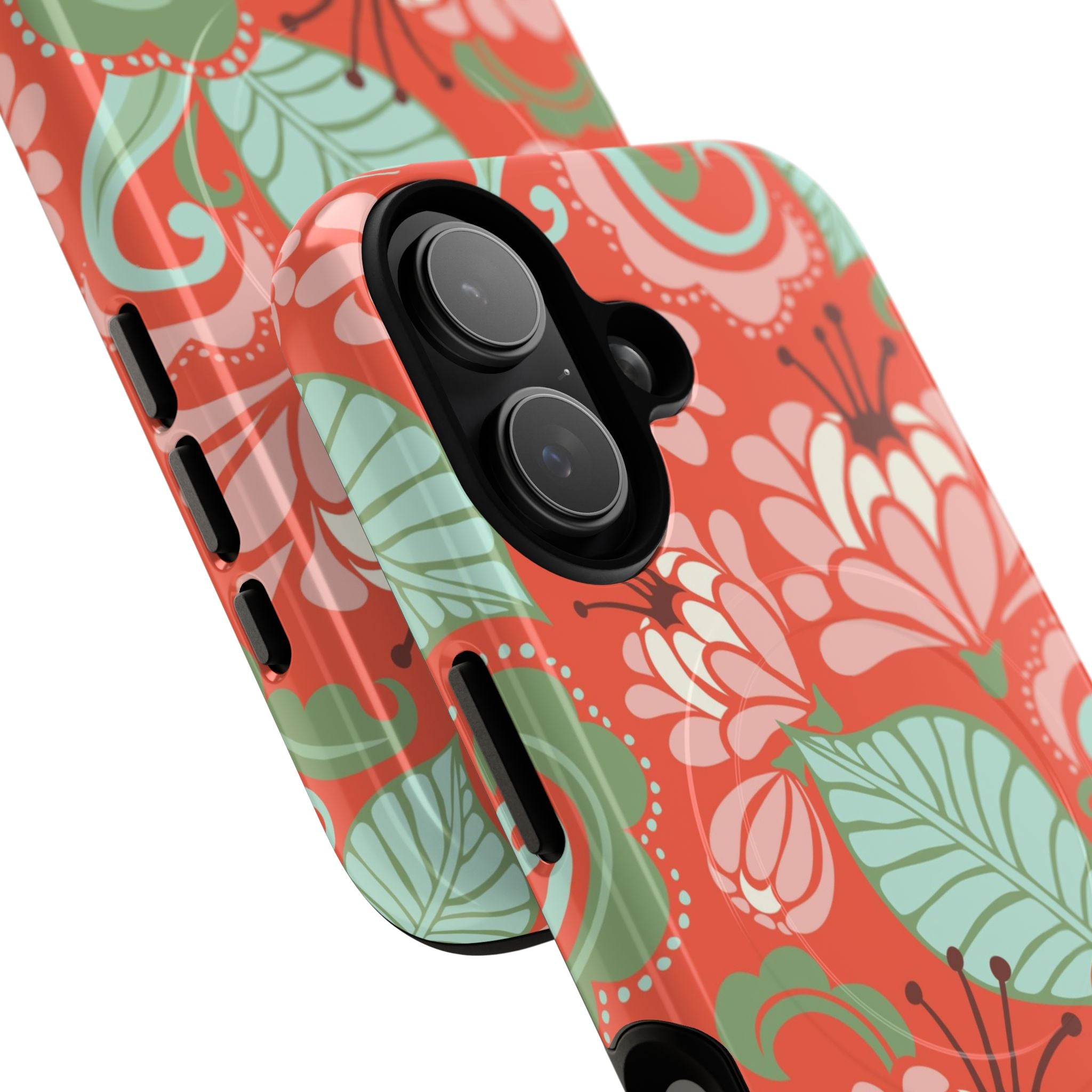 Sarabande MagSafe iPhone 17 Case – Glossy | coral, pink, cream, green botanical floral print | angled view closeup of camera cutout and buttons