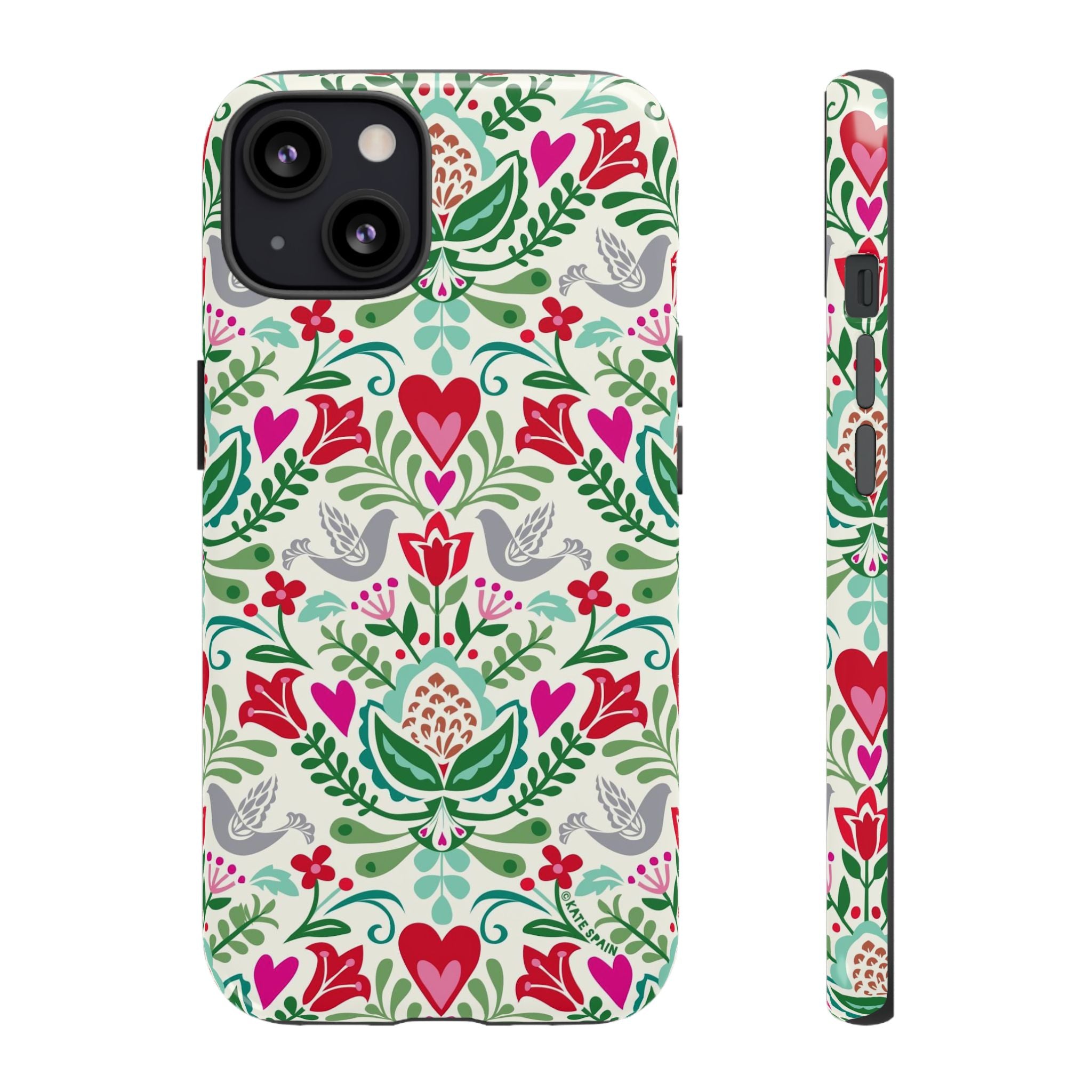 Rosemaling Tough iPhone 13 Case – Matte | cream, red, pink, green, gray folk art floral bird print