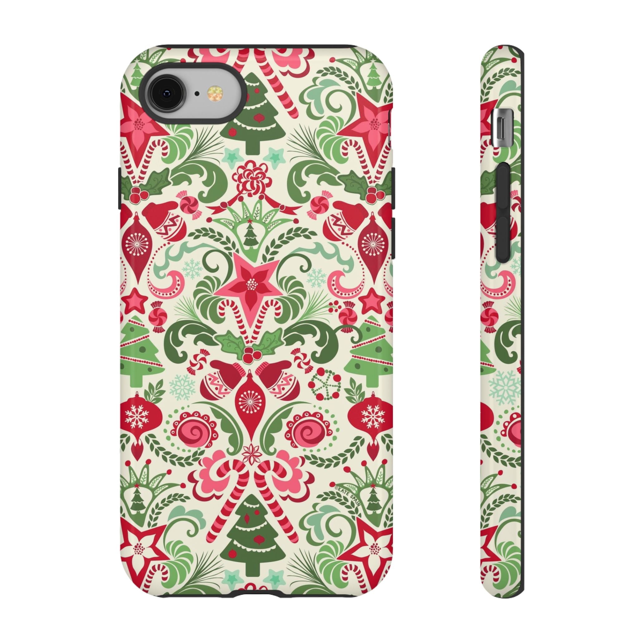 Wonderland Tough iPhone 8 Case – Glossy | cream, red, green Christmas ornament damask print