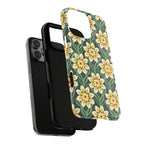 Designer Modern Dahlia MagSafe iPhone 16 Pro Max Case – detail view of layered construction | yellow, cream, green dahlia floral print