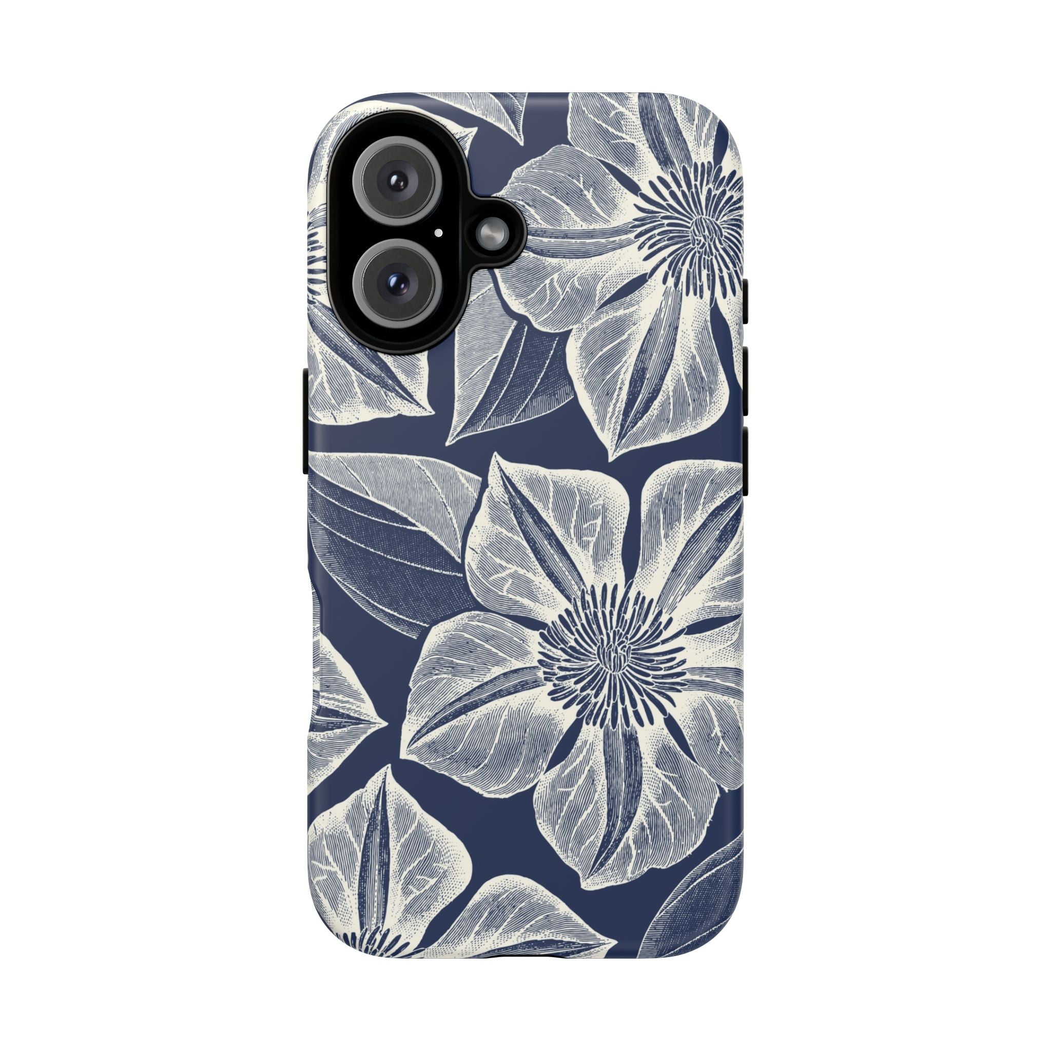 Vintage Bloom Navy iPhone 16 case – Matte | navy ground, large-scale cream clematis print, engraved petal detail, dual-layer protection