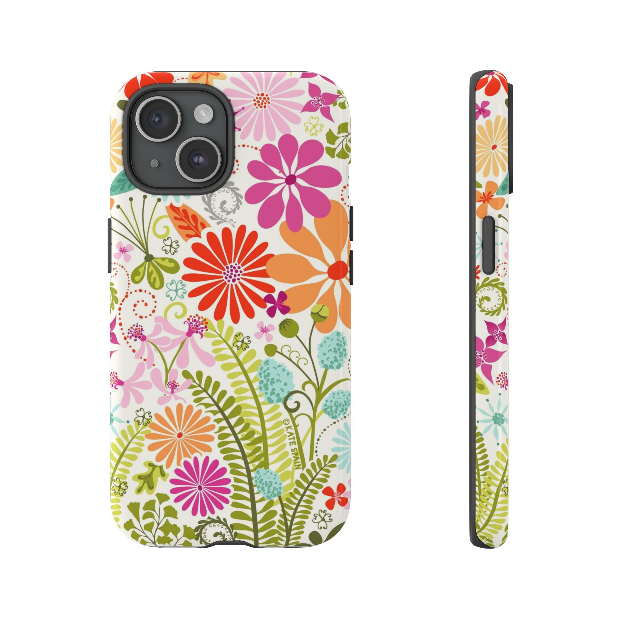 Luxury Terrain Tough iPhone 15 Case – Glossy | white, magenta, coral botanical woodland floral print