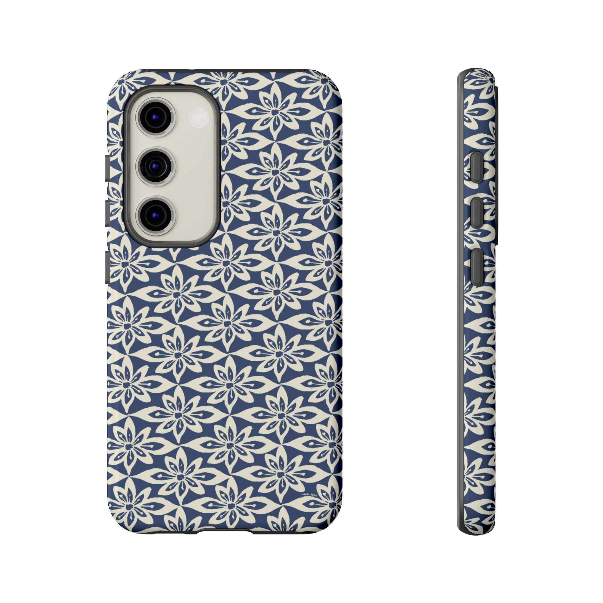 Lily Navy Blue Samsung Galaxy S23 Glossy case — graphic white lily print on deep navy — botanical phone case by Kate Spain