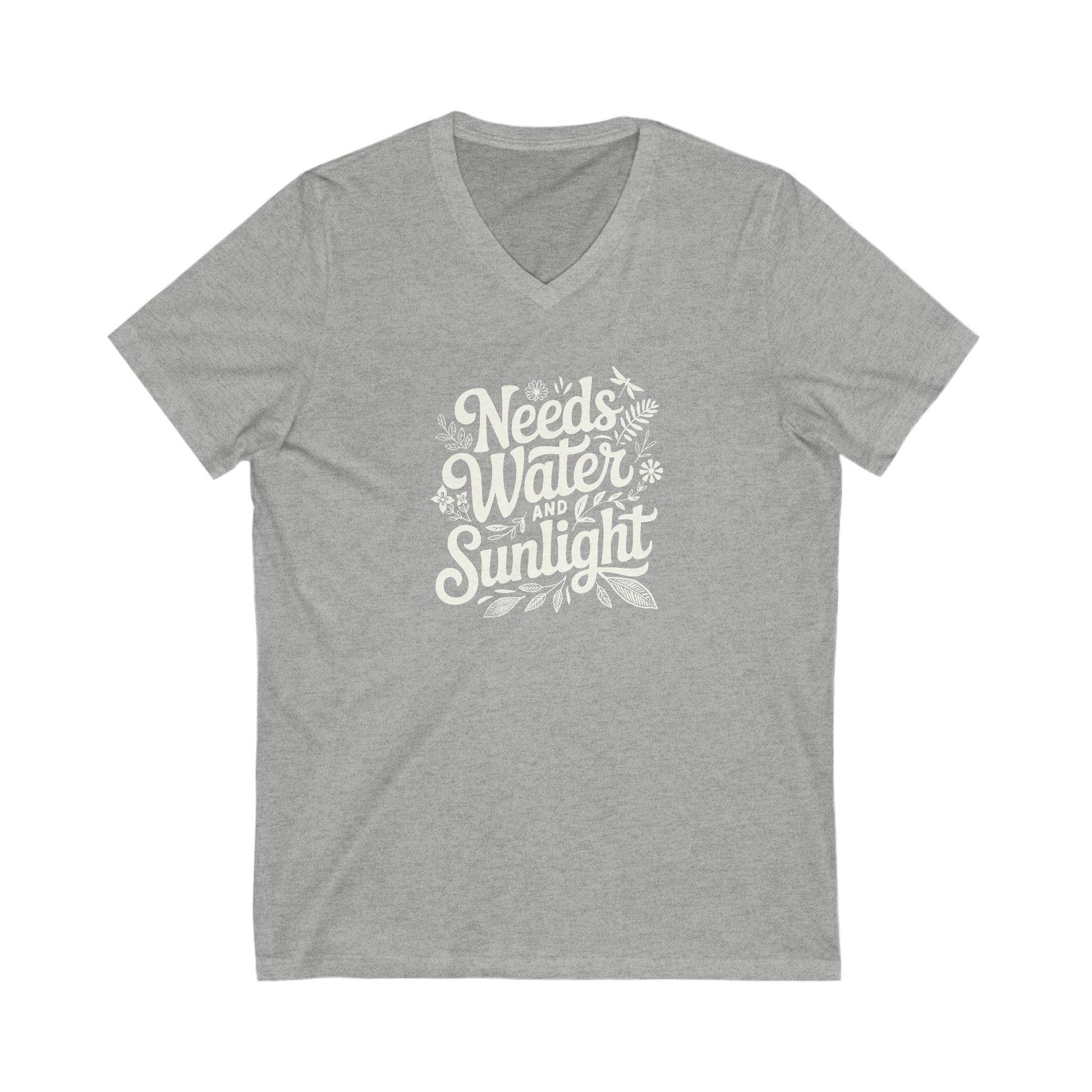 Athletic Gray heather colored vneck t-shirt with white words that say 'Needs Water and Sunlight' in script style text with dragonfly, flower and leaf illustrations around the words.