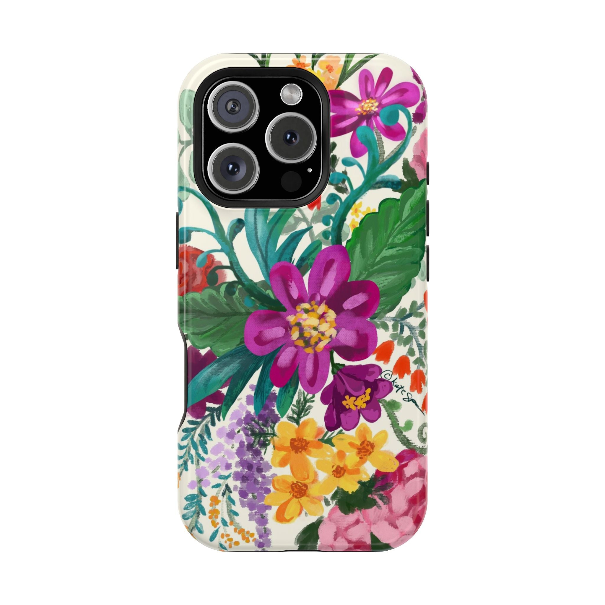 Posy MagSafe iPhone 15 Pro Case – Glossy | white, magenta, yellow, purple vibrant botanical floral print