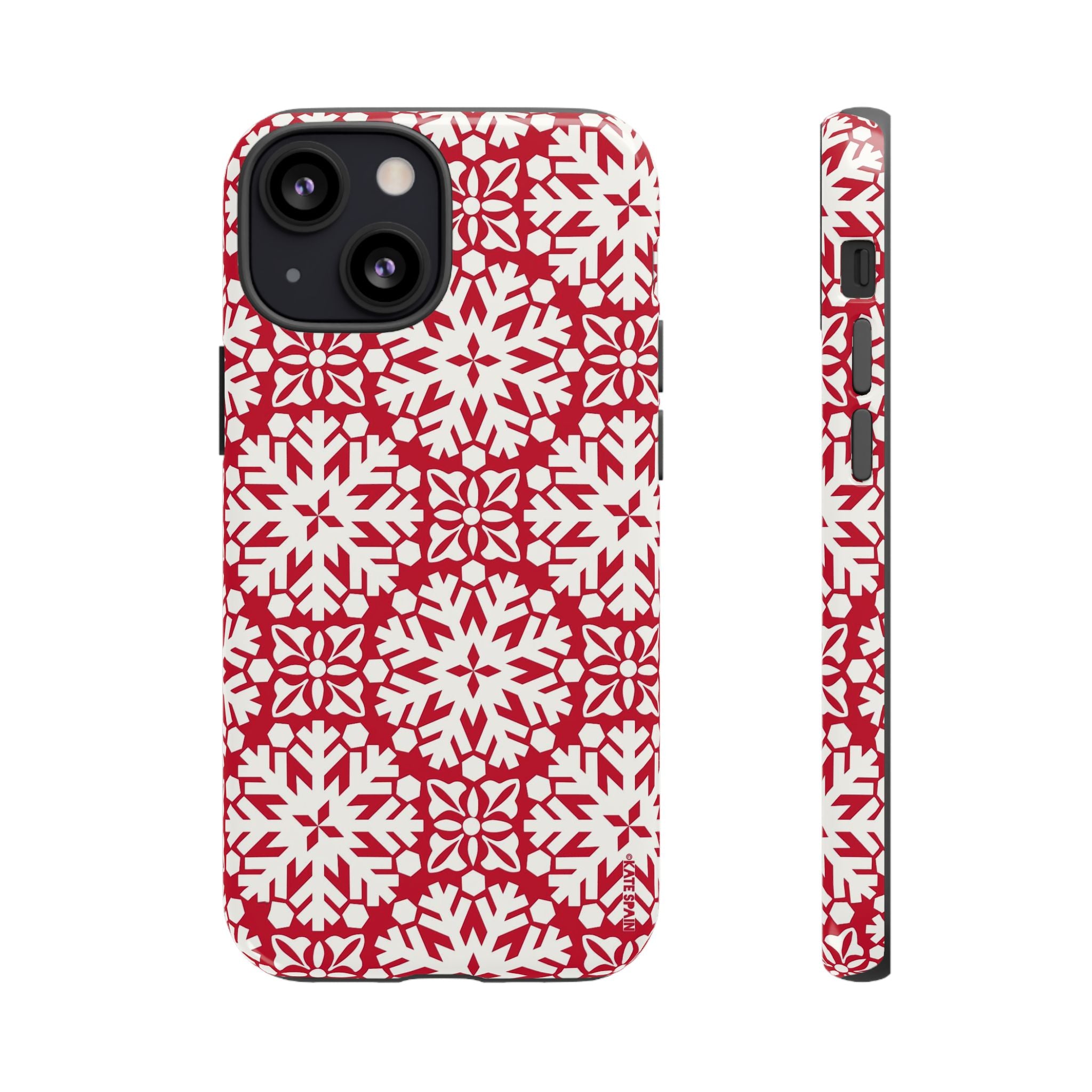 Flurry Tough iPhone 13 Mini Case – Glossy | red, cream geometric snowflake medallion print