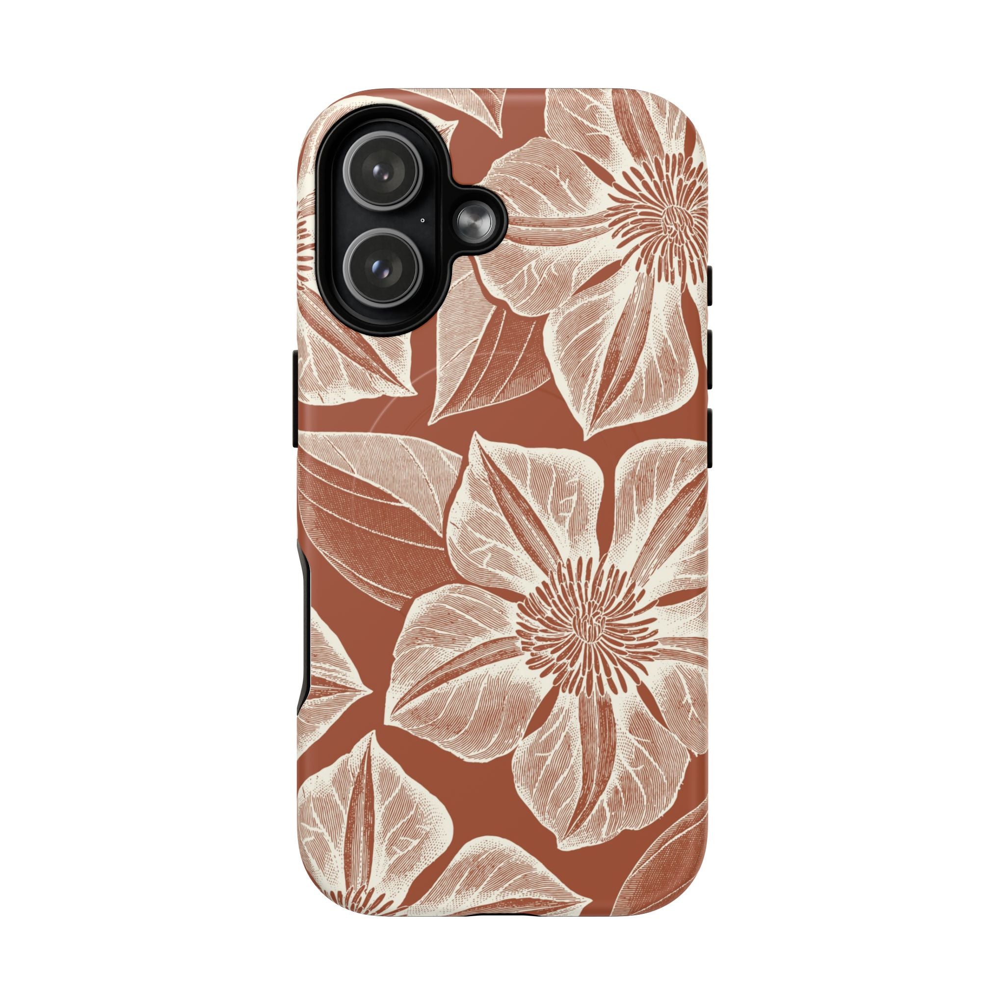 Vintage Bloom Sienna MagSafe iPhone 17 – Matte | sienna ground, large-scale cream clematis print, engraved petal detail, dual-layer protection