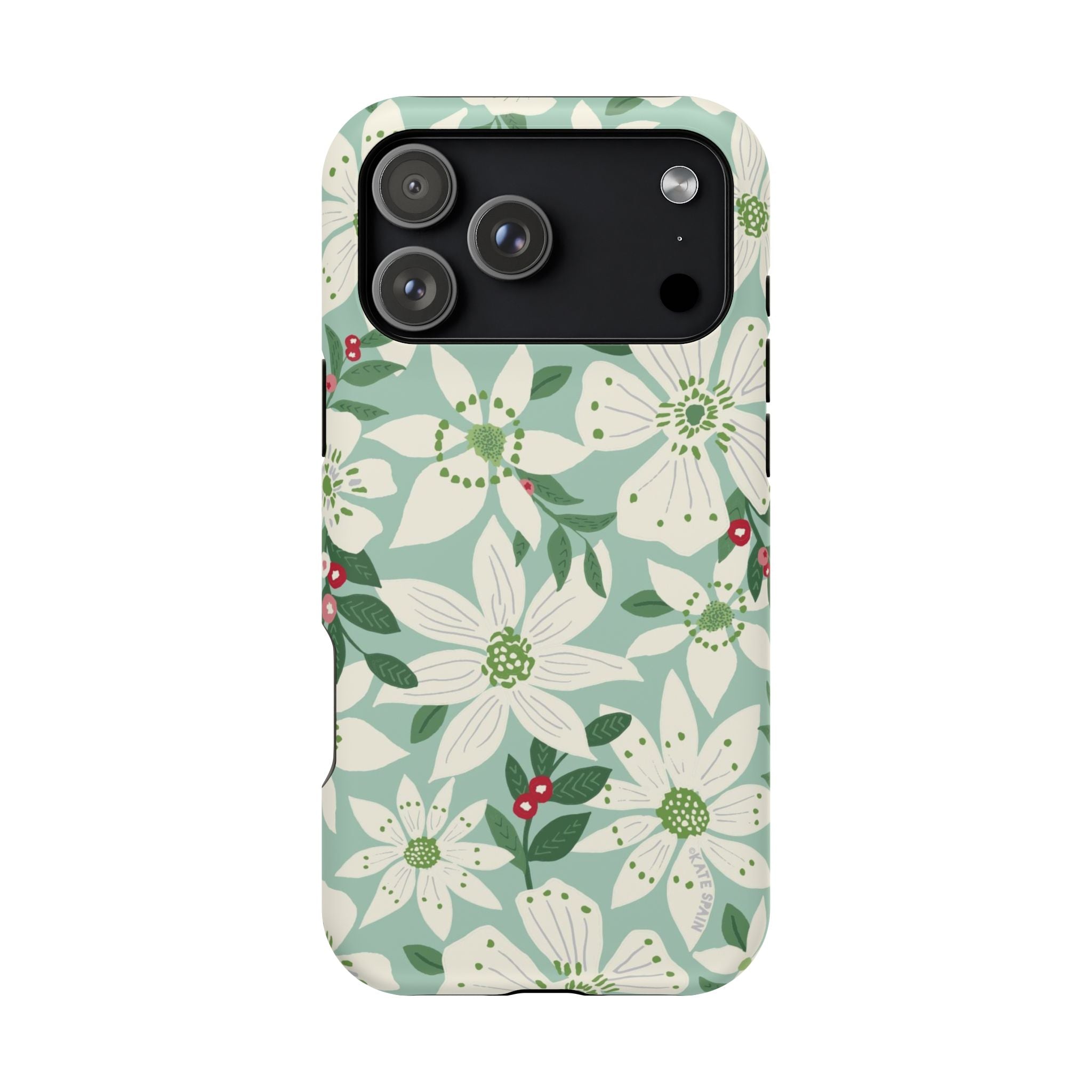 Gardenia MagSafe iPhone 17 Pro Max Case – Matte | light blue, white, green, red gardenia botanical print MagSafe compatible, dual-layer protection
