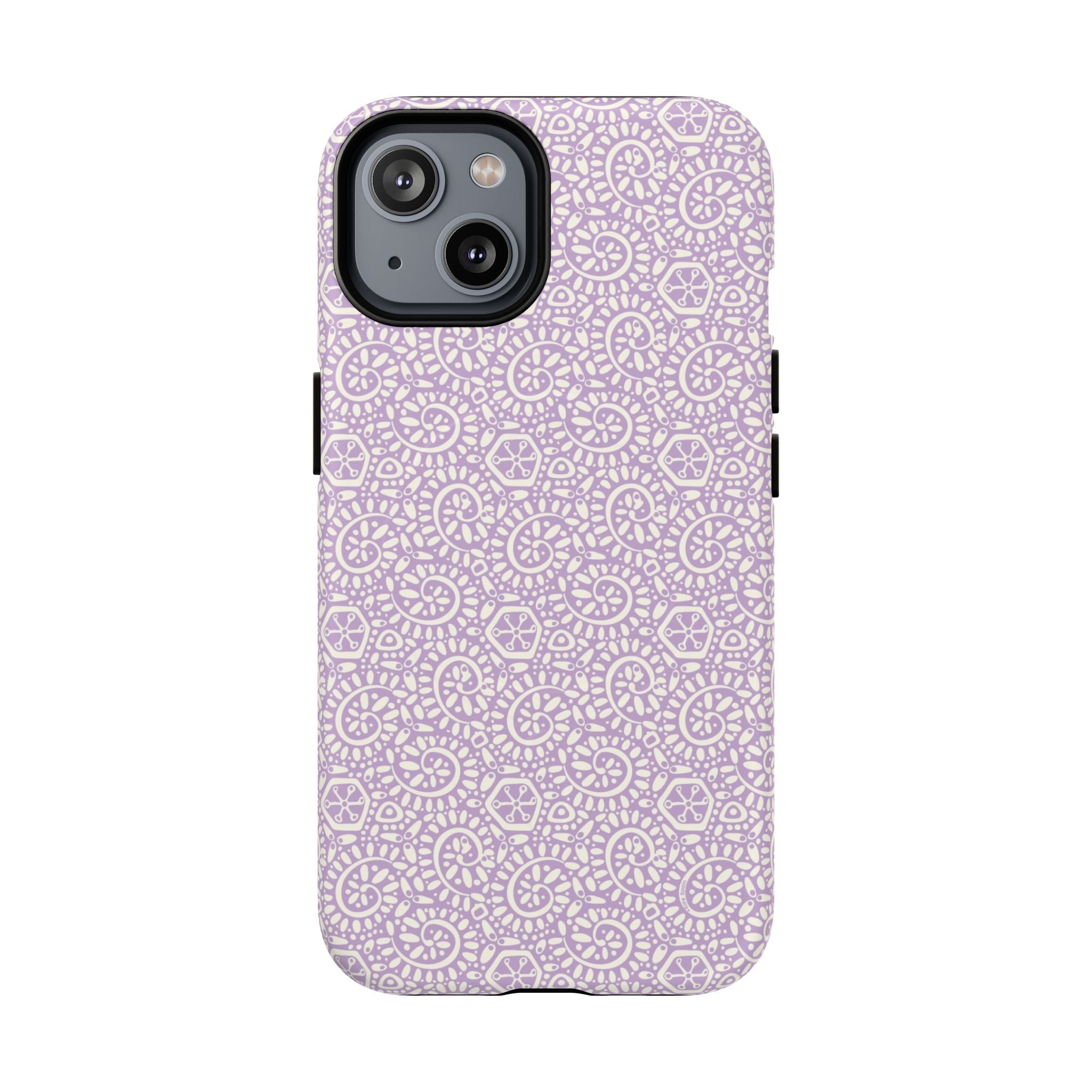 Canto Swirls Lavender MagSafe iPhone 14 Matte Case — lavender hard case covered in an intricate folk-art medallion pattern of radiating circular motifs, dot clusters, and geometric centers