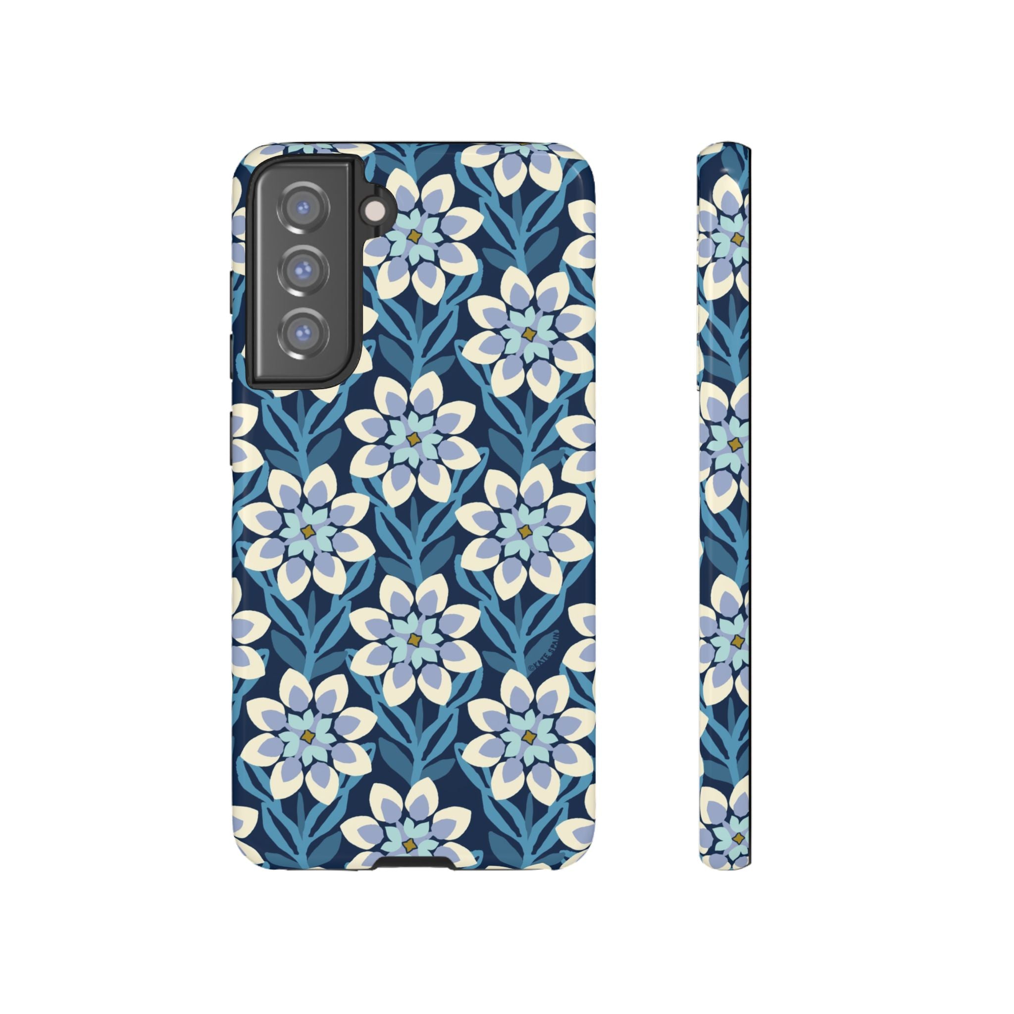 Luxury Modern Dahlia Samsung Galaxy S21 FE Case – Matte| navy, white, periwinkle modern dahlia print