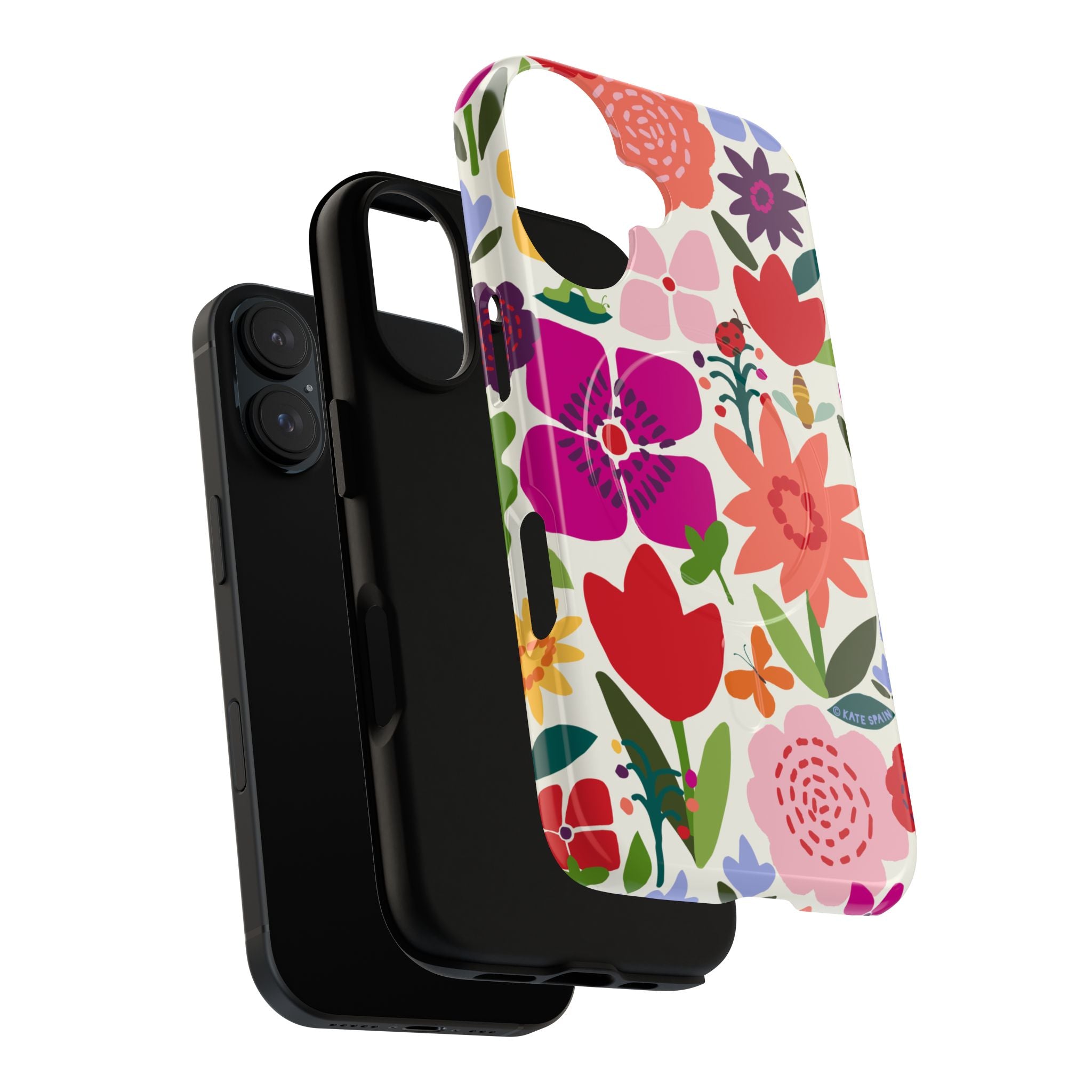 Happy Blooms MagSafe iPhone 17 Case – Dual-layered view of case and inner lining in front of phone, with view of camera cutout and buttons | cream, red, magenta, coral botanical floral print