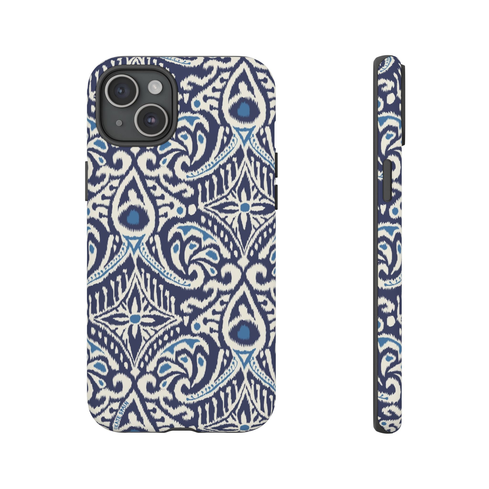 Ikat Tough iPhone 15 Plus Case – Matte | navy, cream, blue ikat medallion print