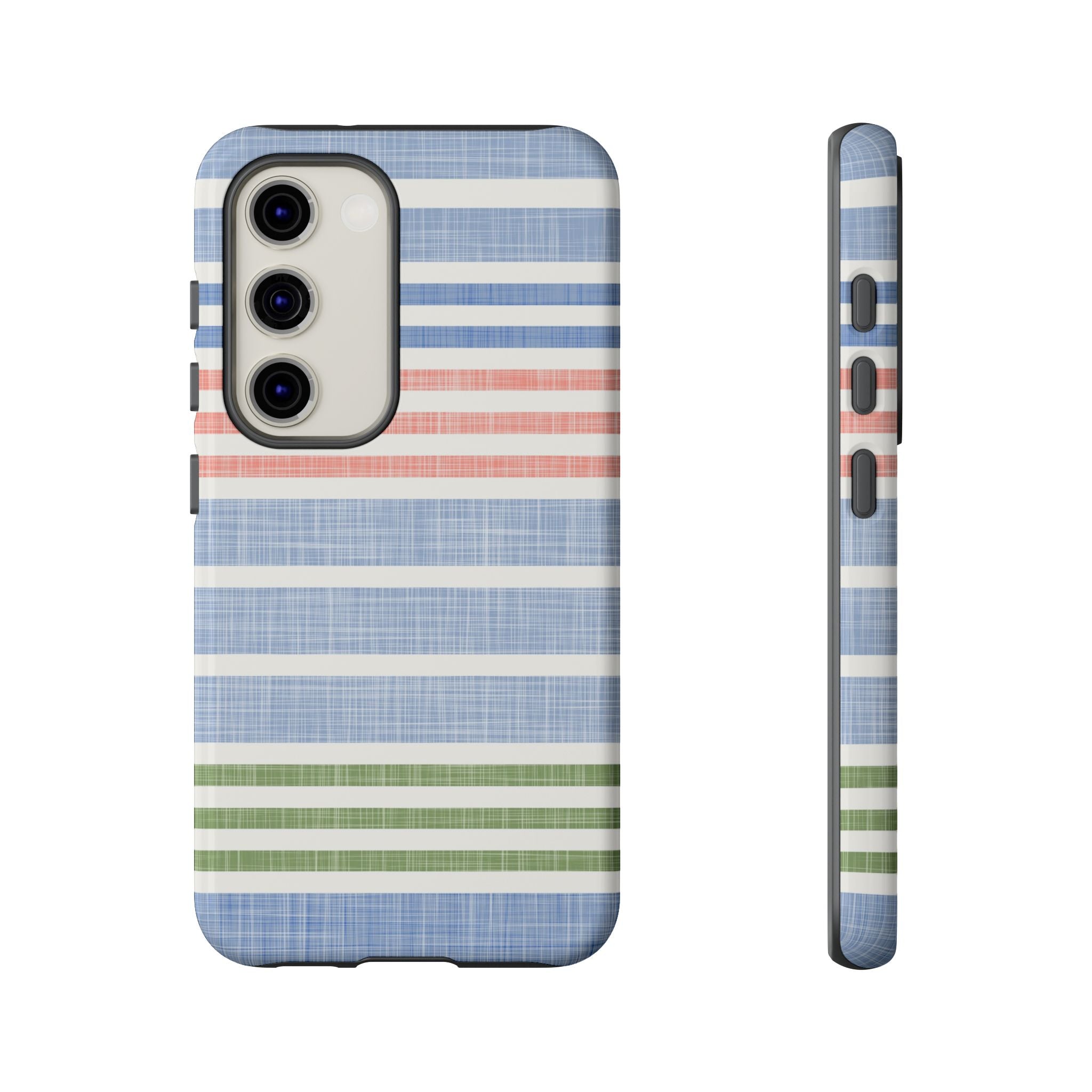 Cabana Stripe Pastel Samsung Galaxy S23 Case – Glossy | soft blue, coral, sage green chambray-textured stripe print dual-layer protection