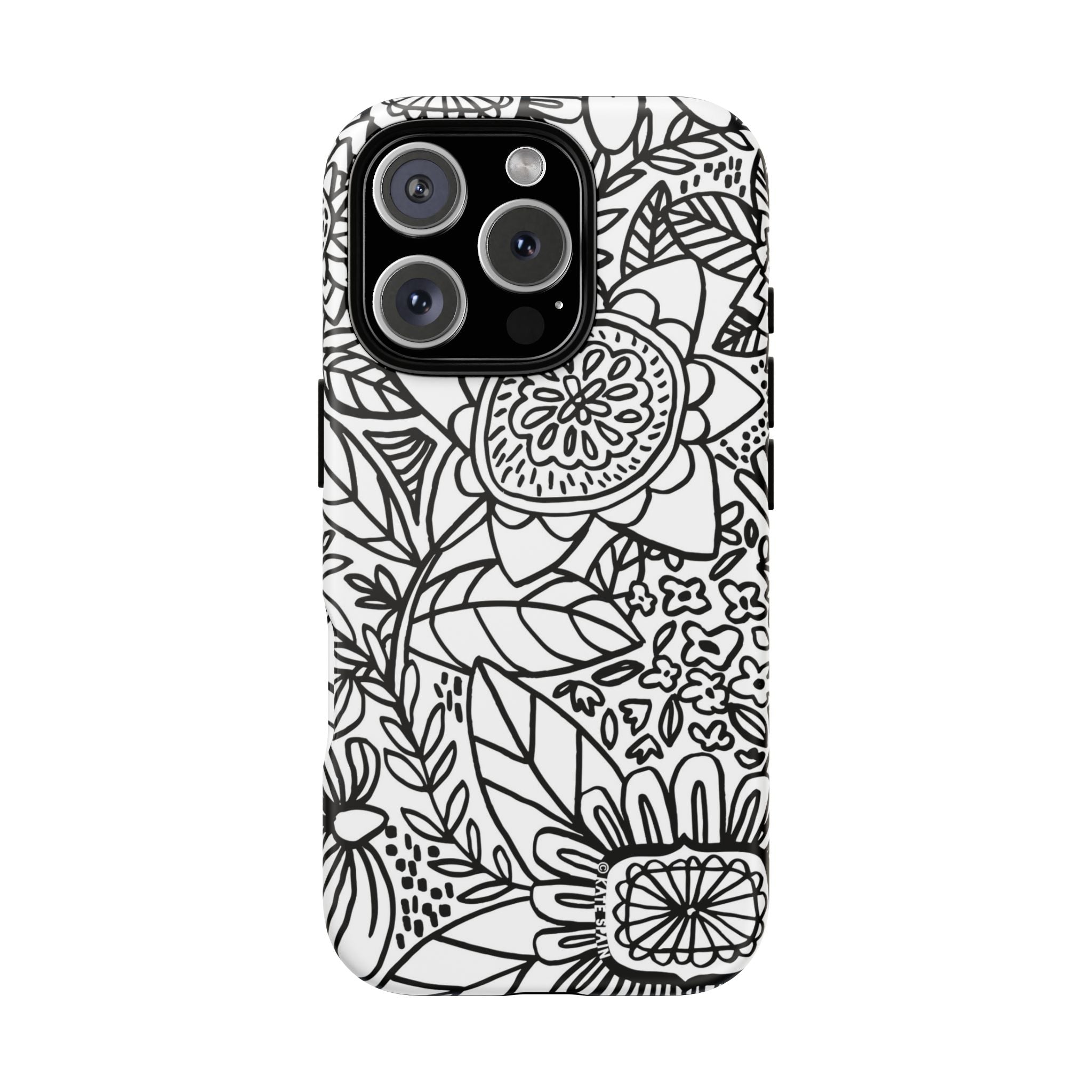 Esprit Tough iPhone 16 Pro Case – Glossy | white, black botanical line art floral print