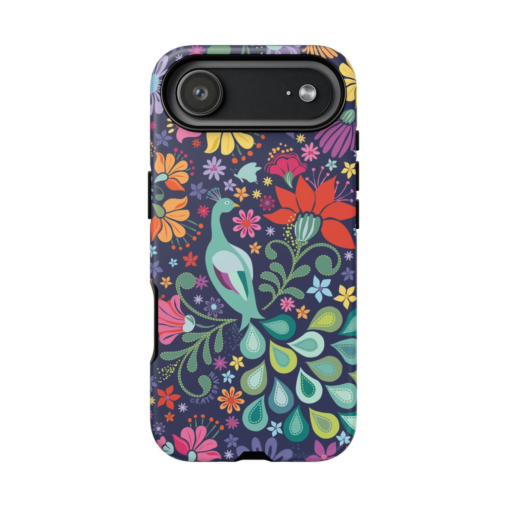 Peacock Sanctuary Tough iPhone 17 Air Case – Glossy | navy, teal, coral multicolor vibrant peacock feather botanical print