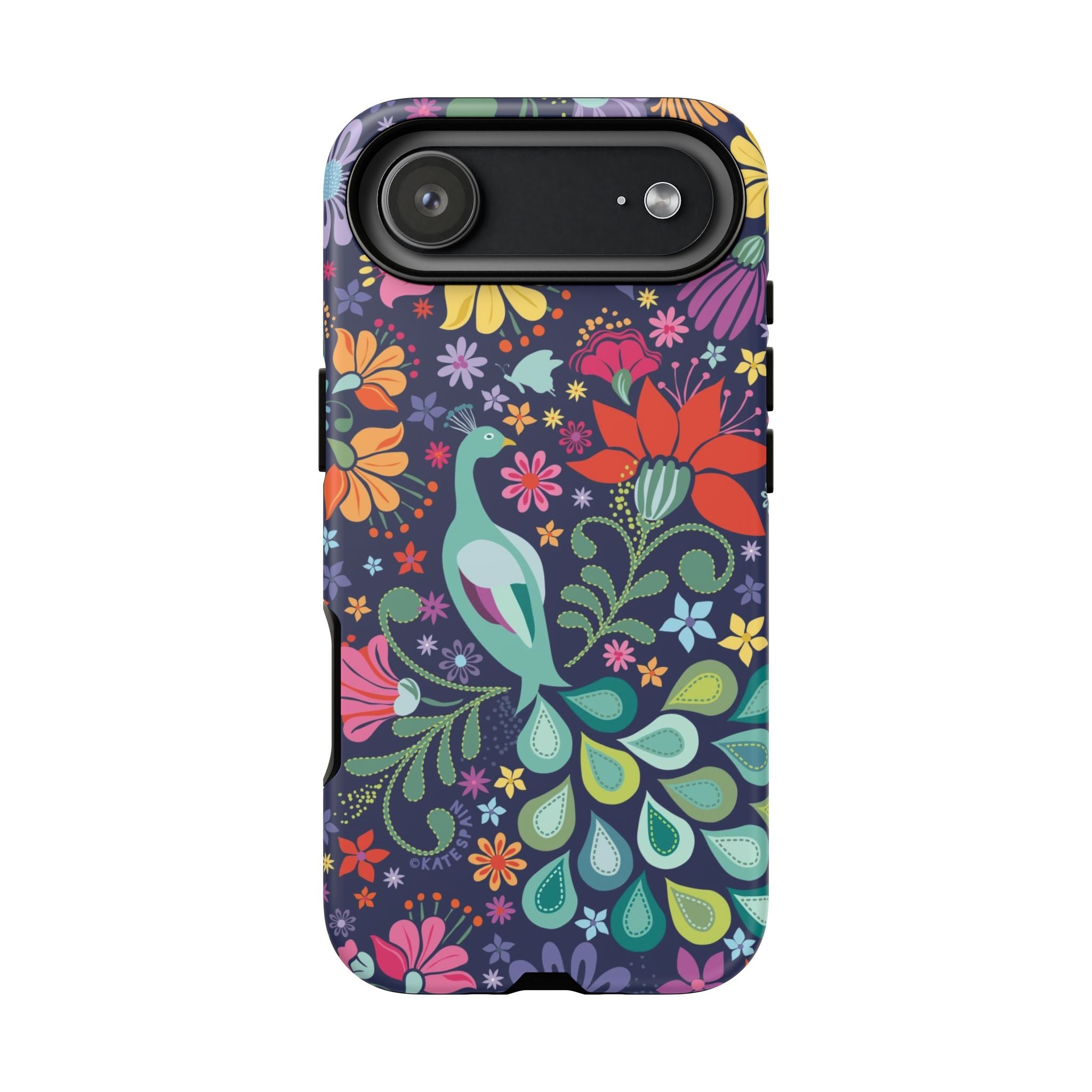Peacock Sanctuary Tough iPhone 17 Air Case – Glossy | navy, teal, coral multicolor vibrant peacock feather botanical print