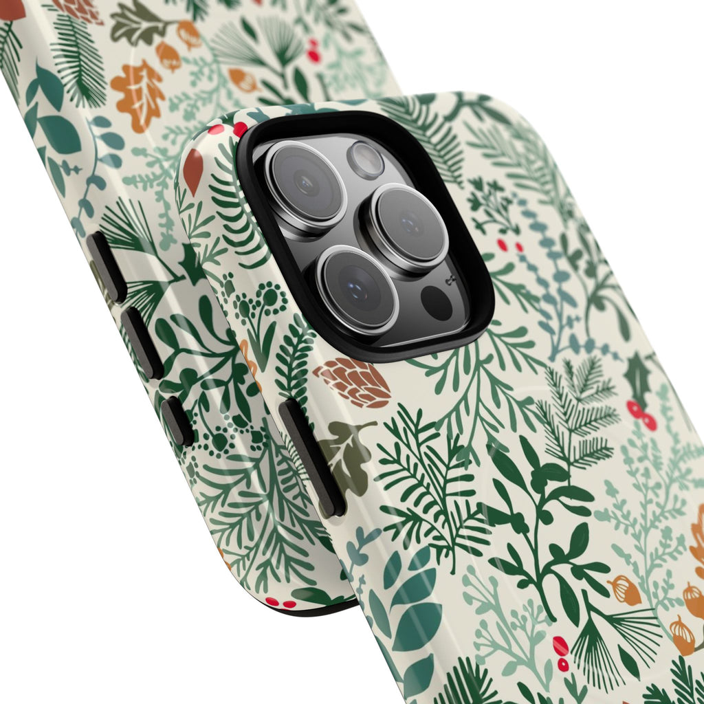 Juniper MagSafe iPhone 16 Pro Max Case – Glossy | angled view closeup of camera cutout and buttons | cream, forest green, sage, and rust winter botanical print with pine, holly, acorns, and pinecones
