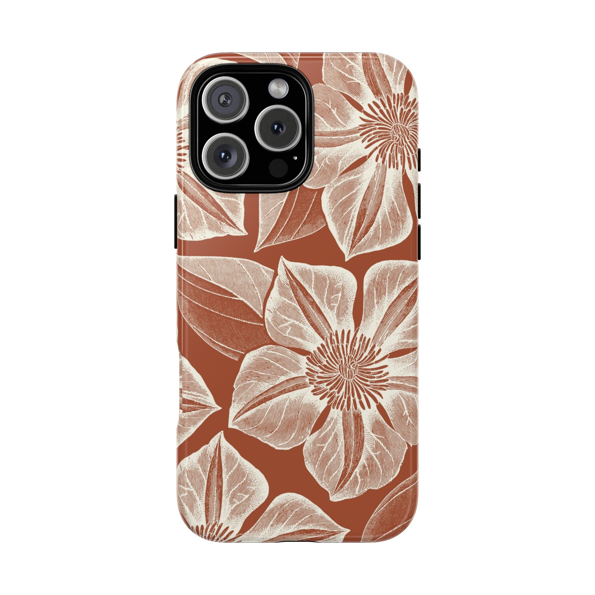 Vintage Bloom Sienna iPhone 16 Pro Max case – Glossy | sienna ground, large-scale cream clematis print, engraved petal detail, dual-layer protection