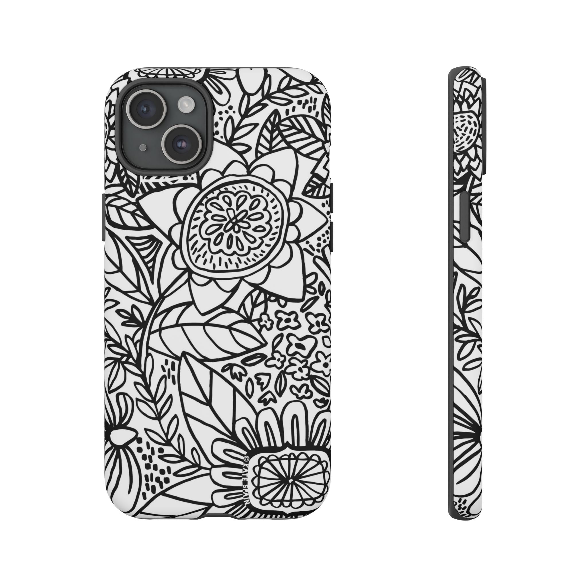 Esprit Tough iPhone 15 Plus Case – Matte | white, black botanical line art floral print
