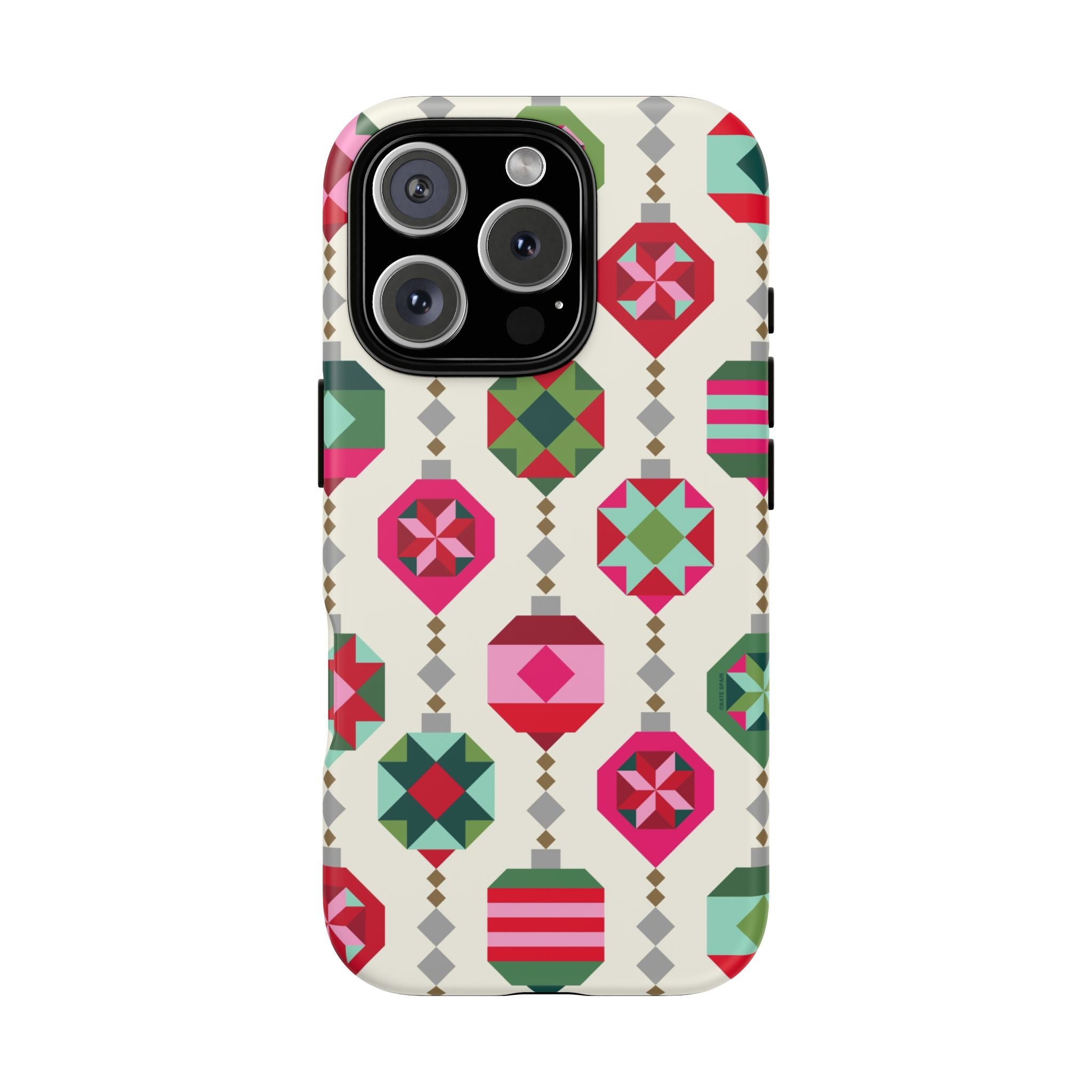 Felicity Ornaments Tough iPhone 16 Pro Case – Matte | cream, red, pink, green, mint geometric quilted ornament print