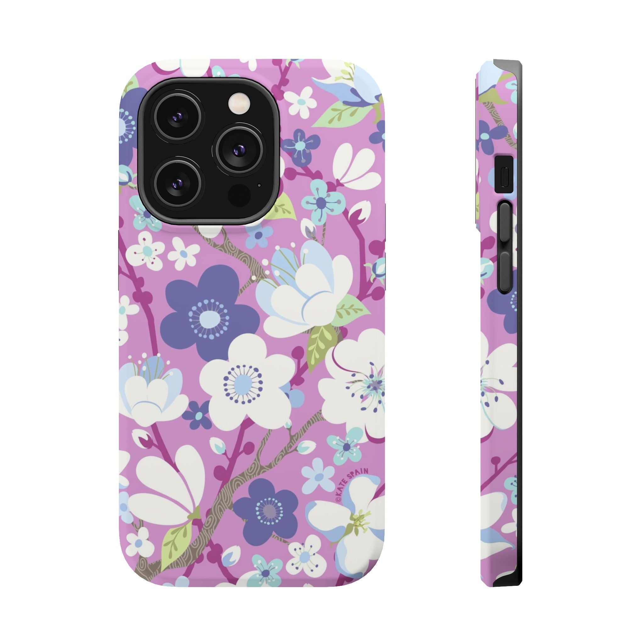 Luxury Cherry Blossom MagSafe iPhone 13 Pro Case – Matte | mauve, purple, blue, white cherry blossom print
