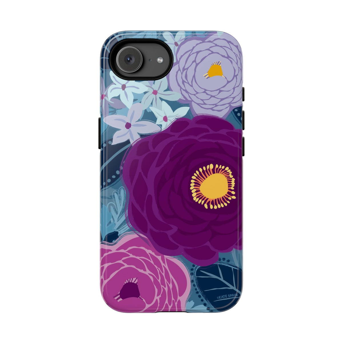 Bloomerie Violet Tough iPhone 16e Case – Glossy | navy, purple, magenta botanical peony floral print