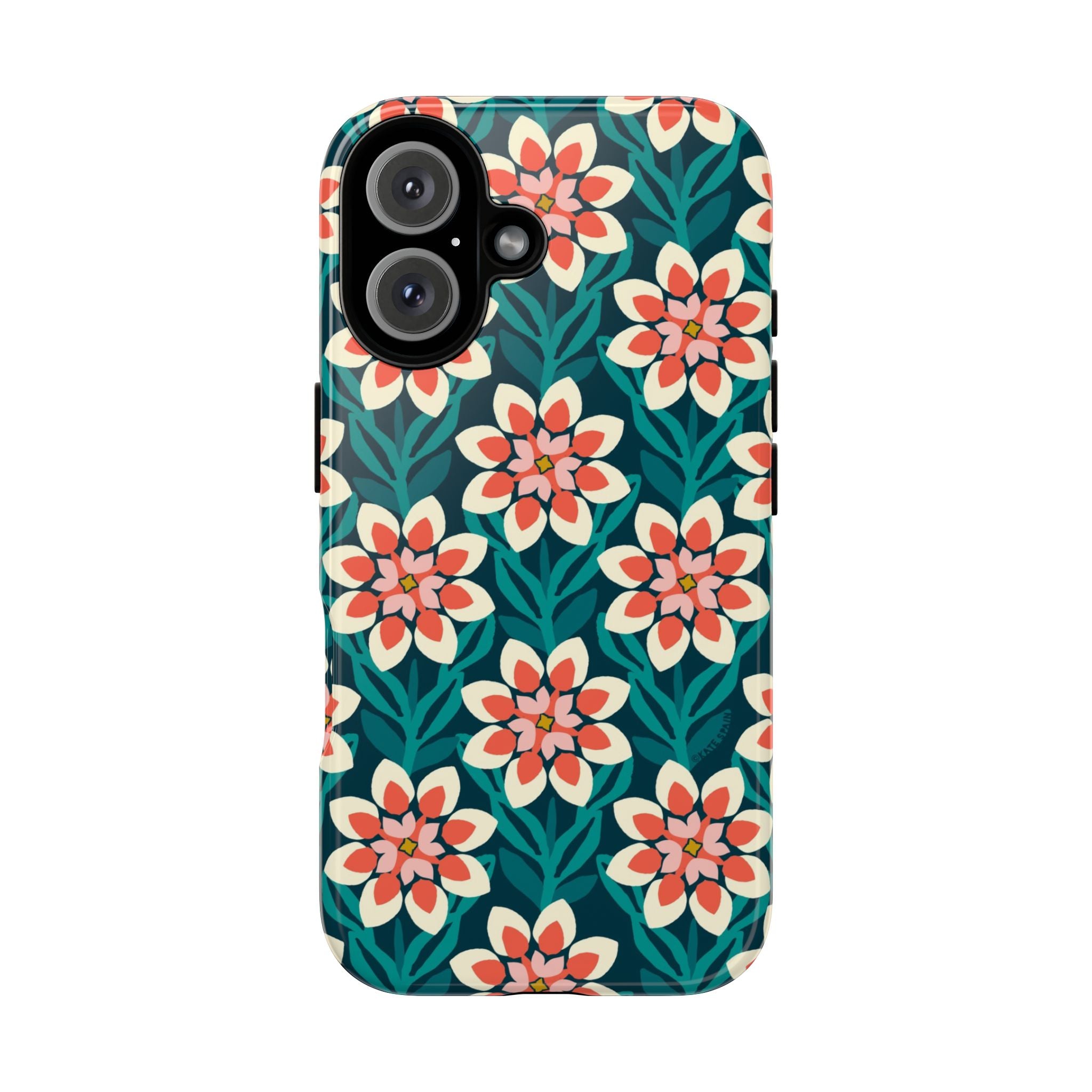 Modern Dahlia Tough iPhone 16 Case – Glossy | teal, coral, cream geometric dahlia floral print