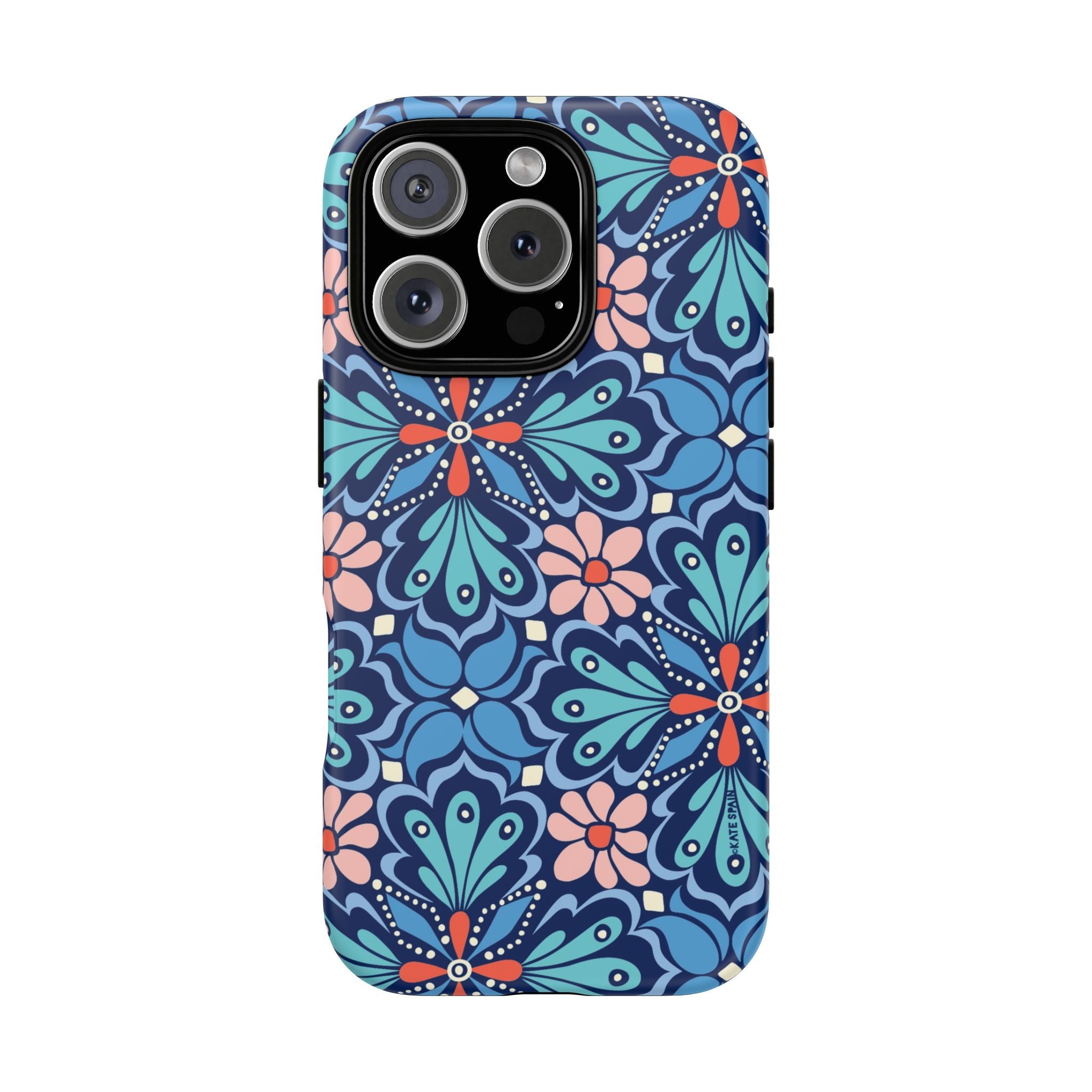 Bolero Tough iPhone 16 Pro Case – Glossy | navy, cobalt, blush geometric medallion floral print
