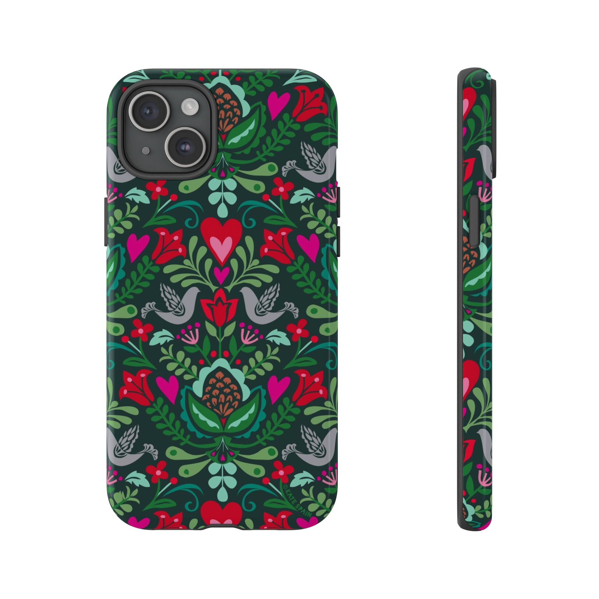 Rosemaling Tough iPhone 15 Plus Case – Glossy | dark green, red, pink, gray folk art floral bird print