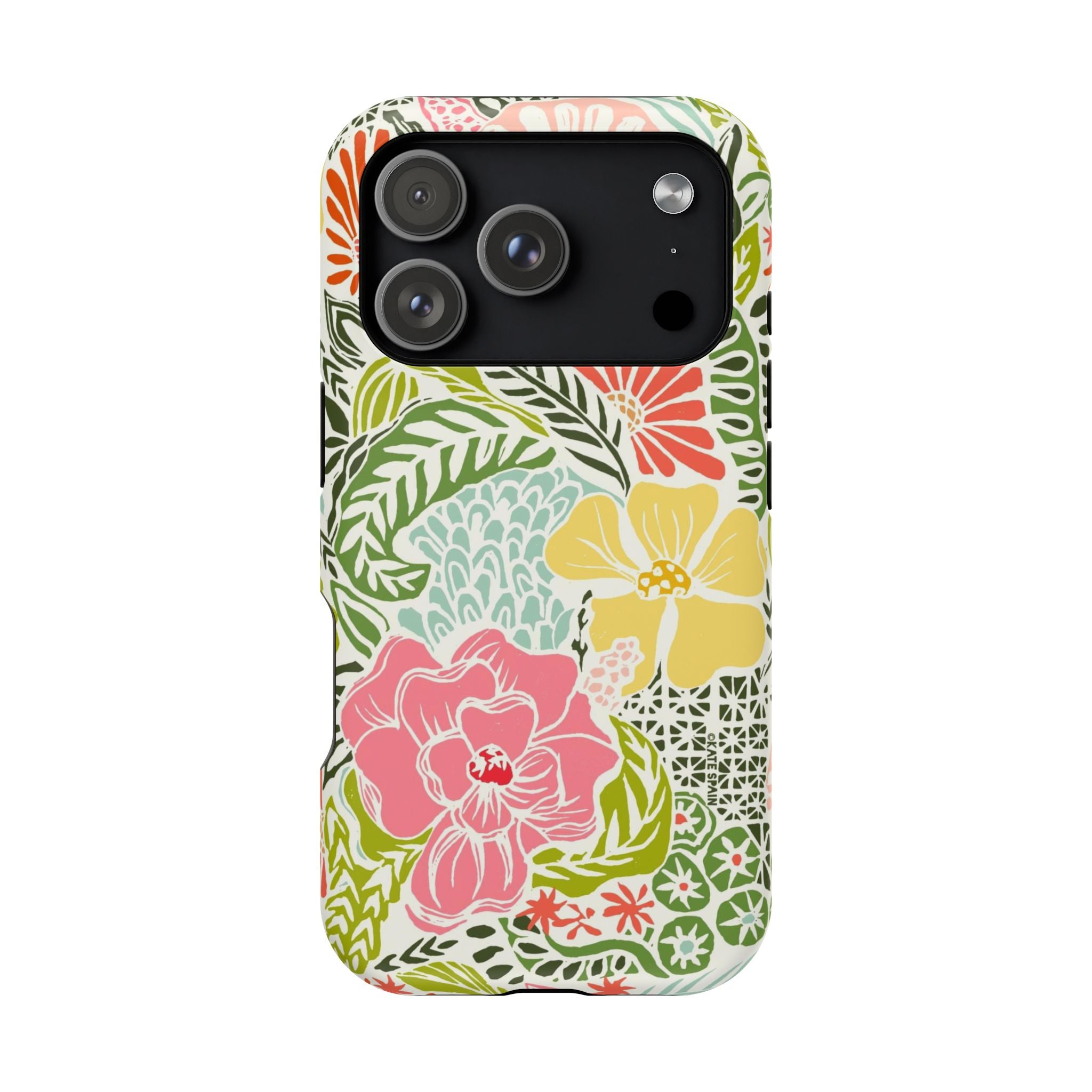 Tropica MagSafe iPhone 17 Pro Case – Matte | cream, pink, yellow, blue botanical floral print MagSafe compatible, dual-layer protection