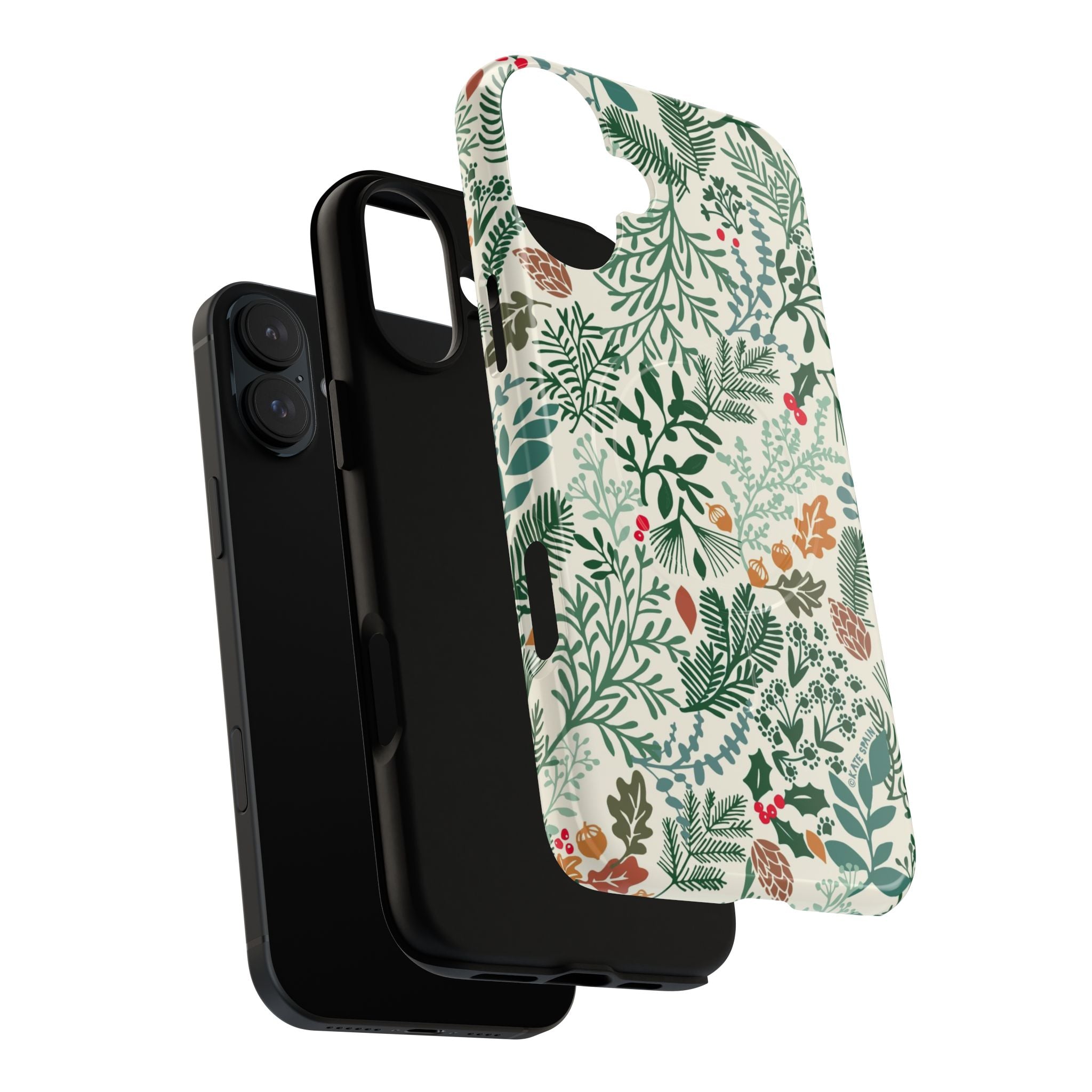 Juniper MagSafe iPhone 17 Case – Dual-layered view of case and inner lining in front of phone, with view of camera cutout and buttons | cream, forest green, sage, and rust winter botanical print with pine, holly, acorns, and pinecones