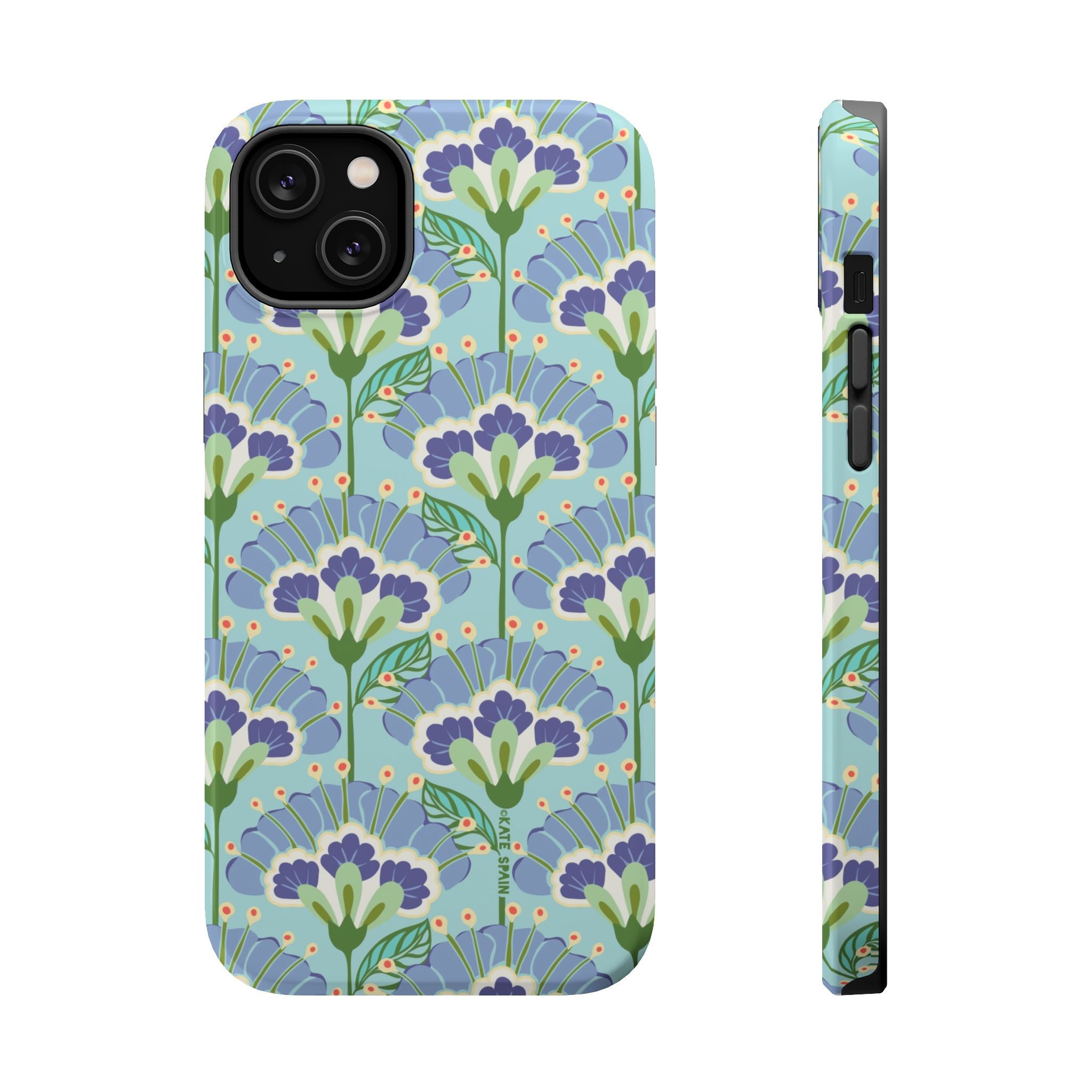 Lantern Flower MagSafe iPhone 14 Plus Case – Matte | aqua, periwinkle, green botanical lantern floral print MagSafe compatible, dual-layer protection