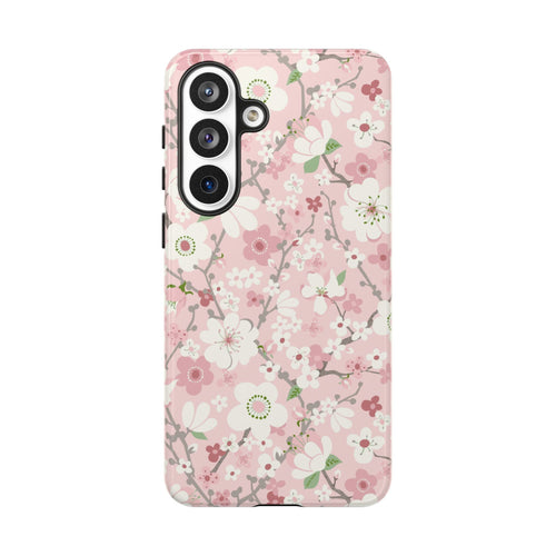 Luxury Pink Cherry Blossom Samsung Galaxy S24 Plus Case – Glossy | blush, white, sage cherry blossom floral print